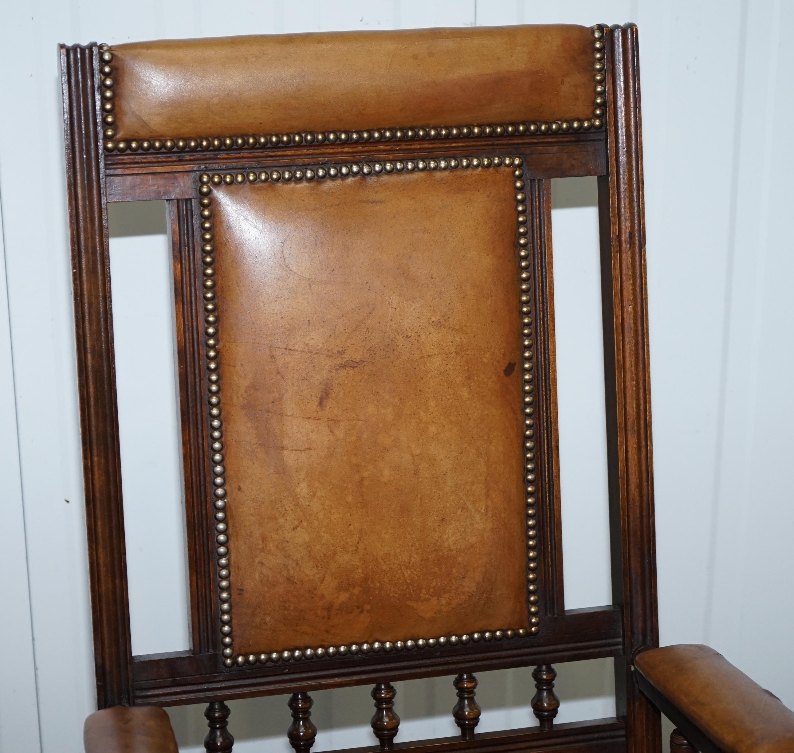 Antique Victorian American Rocking Armchair Brown Leather Mahogany Lovely Piece 2
