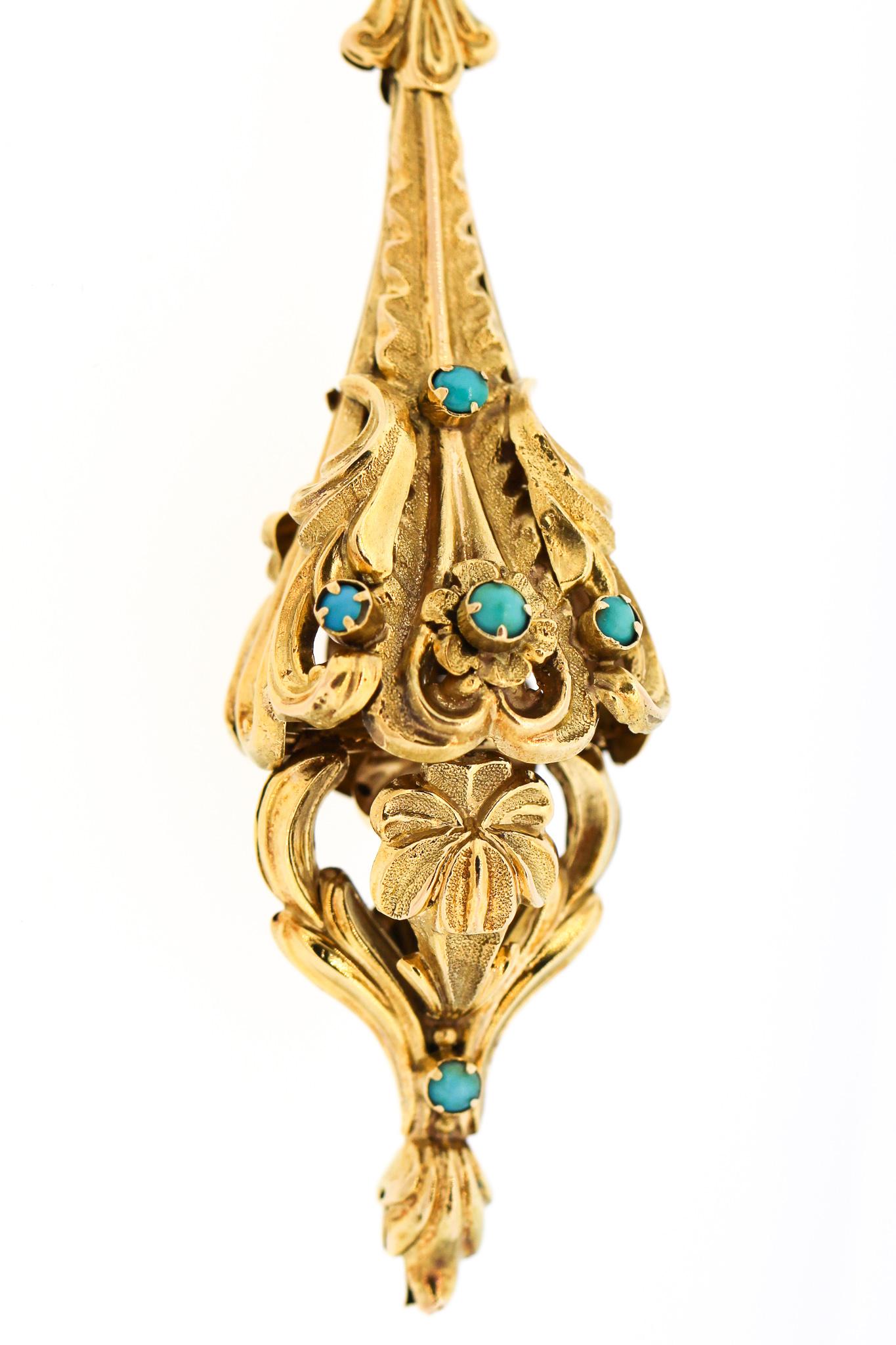 High Victorian Antique Victorian American Turquoise 14 Karat Gold Repoussé Pendant Earrings For Sale