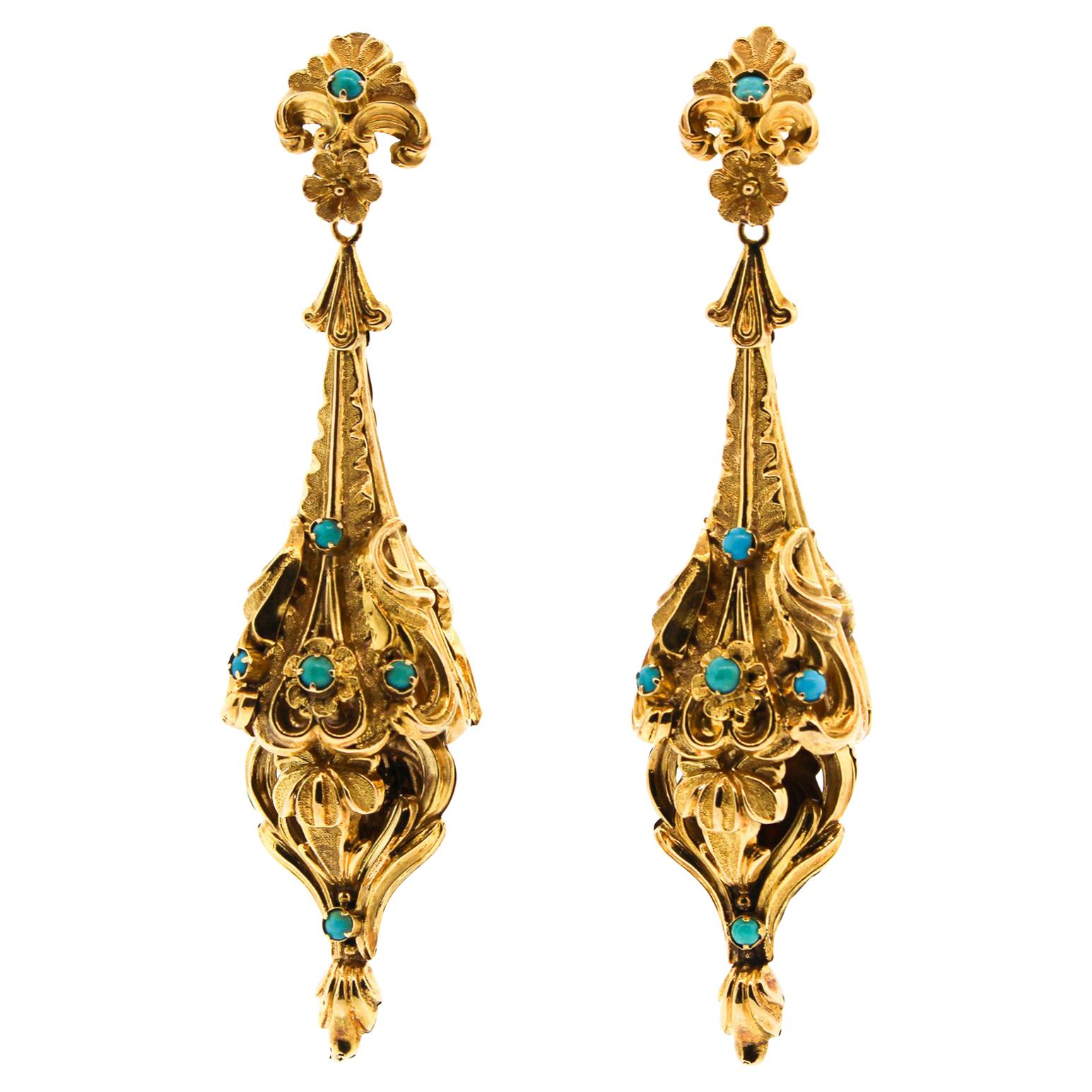 Boucles d'oreilles pendantes en or 14 carats, turquoise américaine, ancienne, victorienne, repoussée