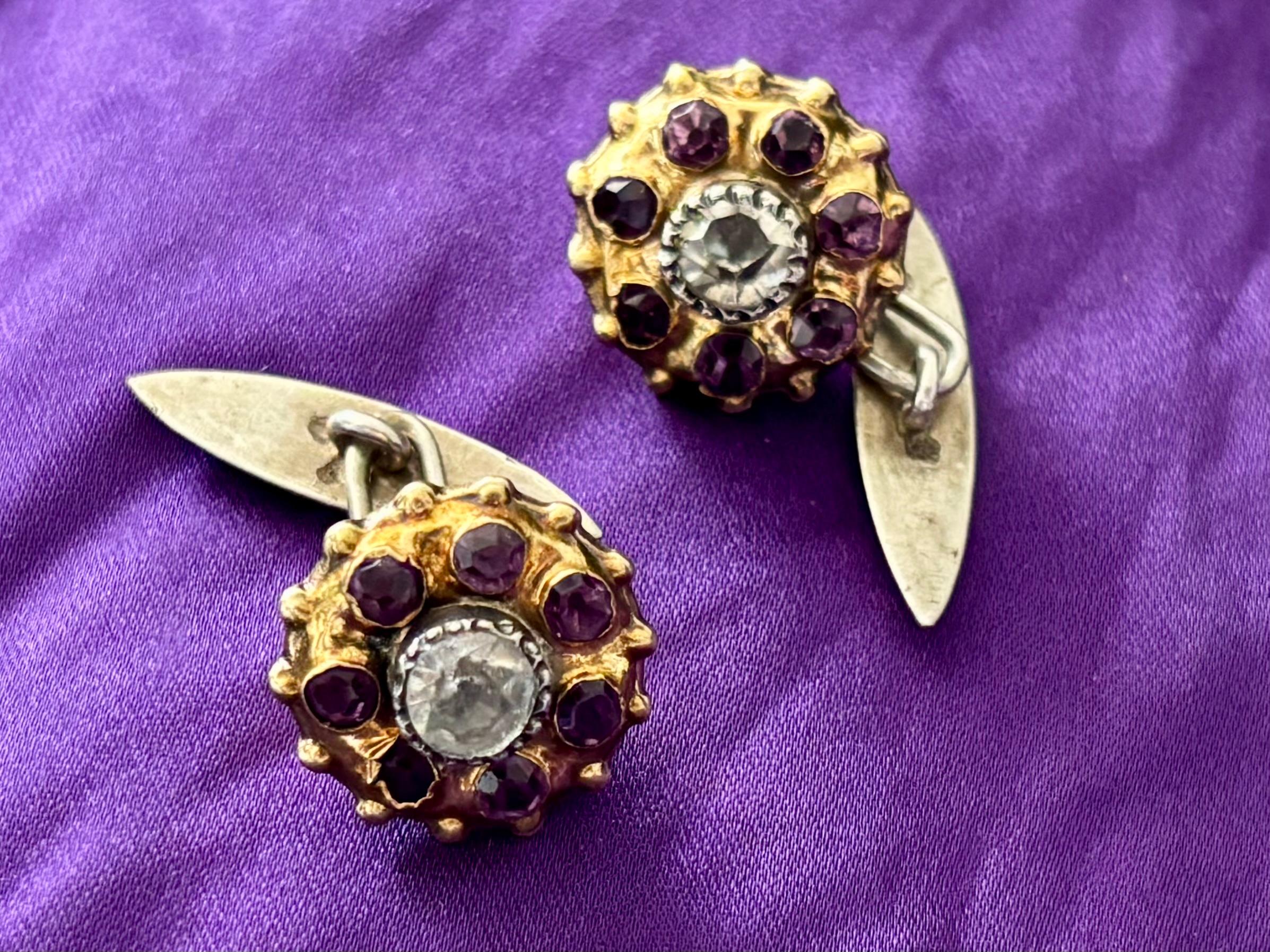 Antique Victorian Amethyst and Diamond Cufflinks. Late 19th Century.
An exceptional  and unique pair of antique cufflinks, meticulously crafted in solid 14K gold   and silver finishing and adorned with natural diamonds and richly hued amethysts.