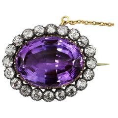 Antique Victorian Amethyst and Old European Cut Diamond Oval Cluster Brooch