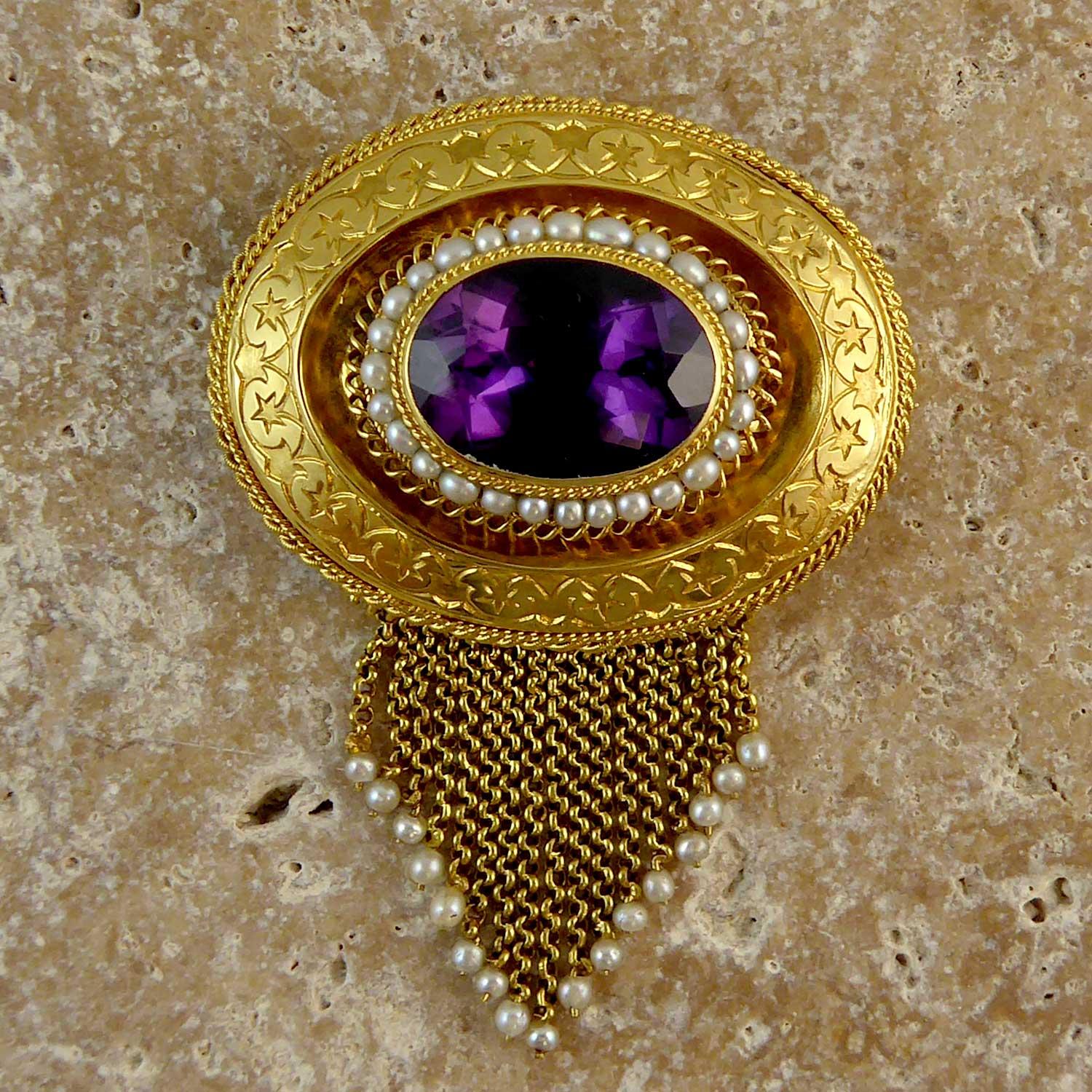 Antique Victorian Amethyst and Pearl Fringed Brooch, circa 1860s, 18 Carat Gold 8