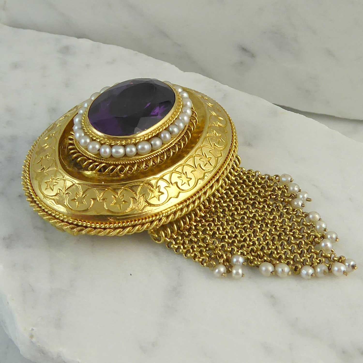 Women's Antique Victorian Amethyst and Pearl Fringed Brooch, circa 1860s, 18 Carat Gold