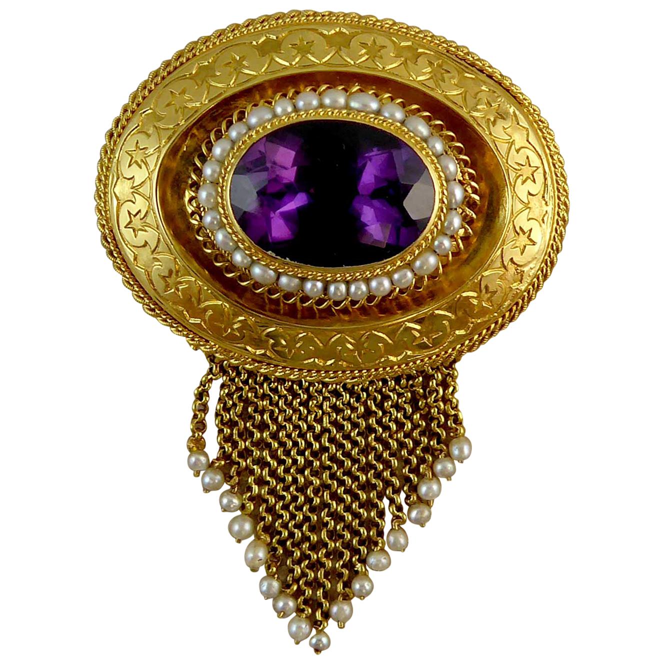 Antique Victorian Amethyst and Pearl Fringed Brooch, circa 1860s, 18 Carat Gold