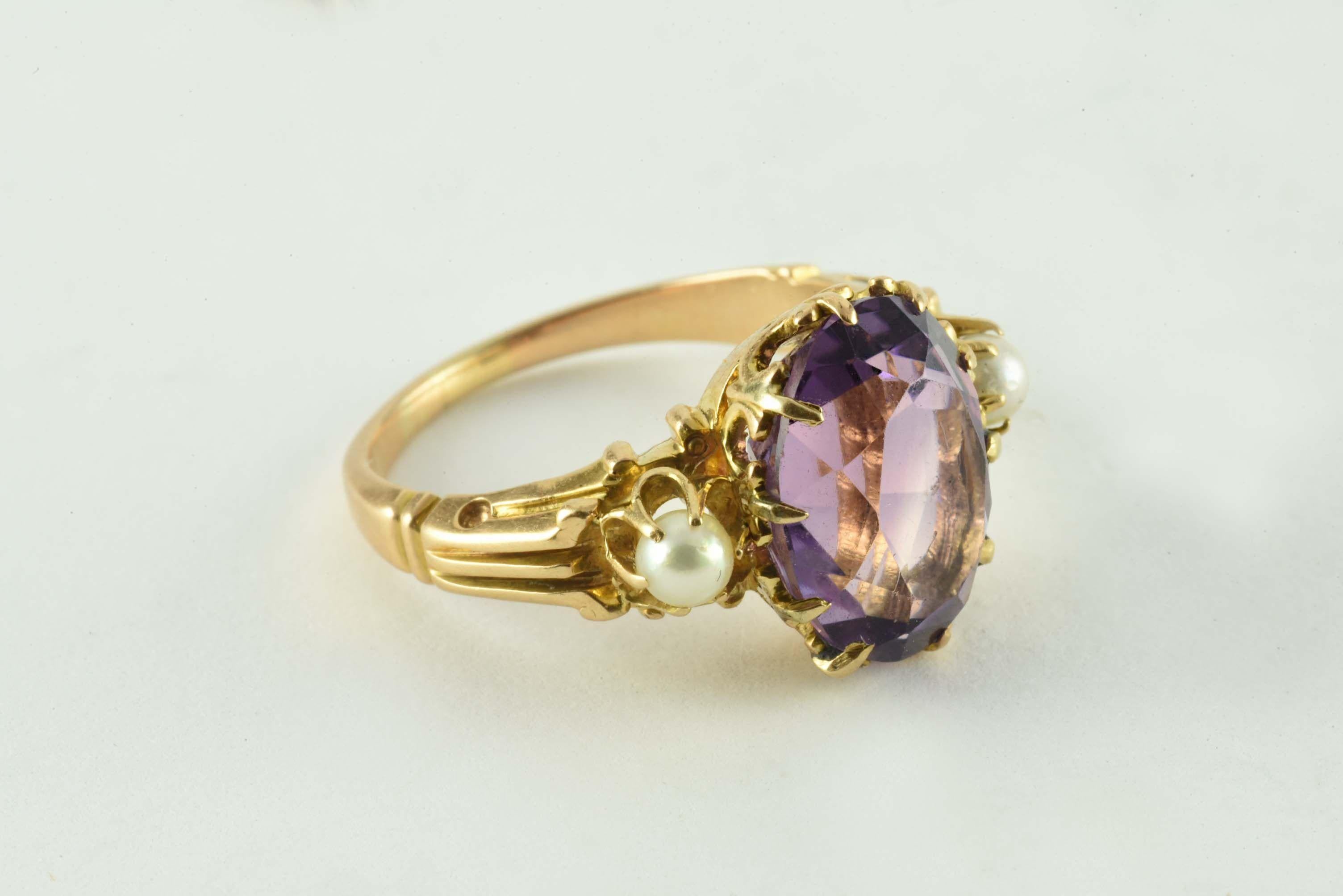 Oval Cut Antique Victorian Amethyst and Seed Pearl Ring For Sale