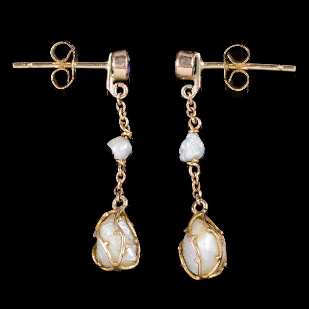 Antique Victorian Amethyst Baroque Pearl Drop Earrings 9 Carat Gold, circa 1900 In Good Condition For Sale In Lancaster, Lancashire