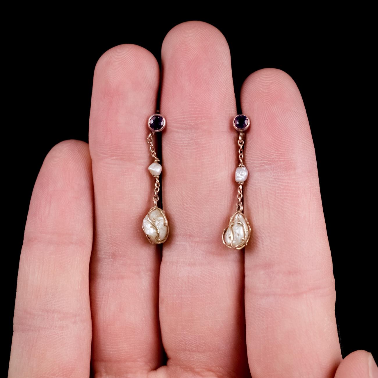 Antique Victorian Amethyst Baroque Pearl Drop Earrings 9 Carat Gold, circa 1900 For Sale 2