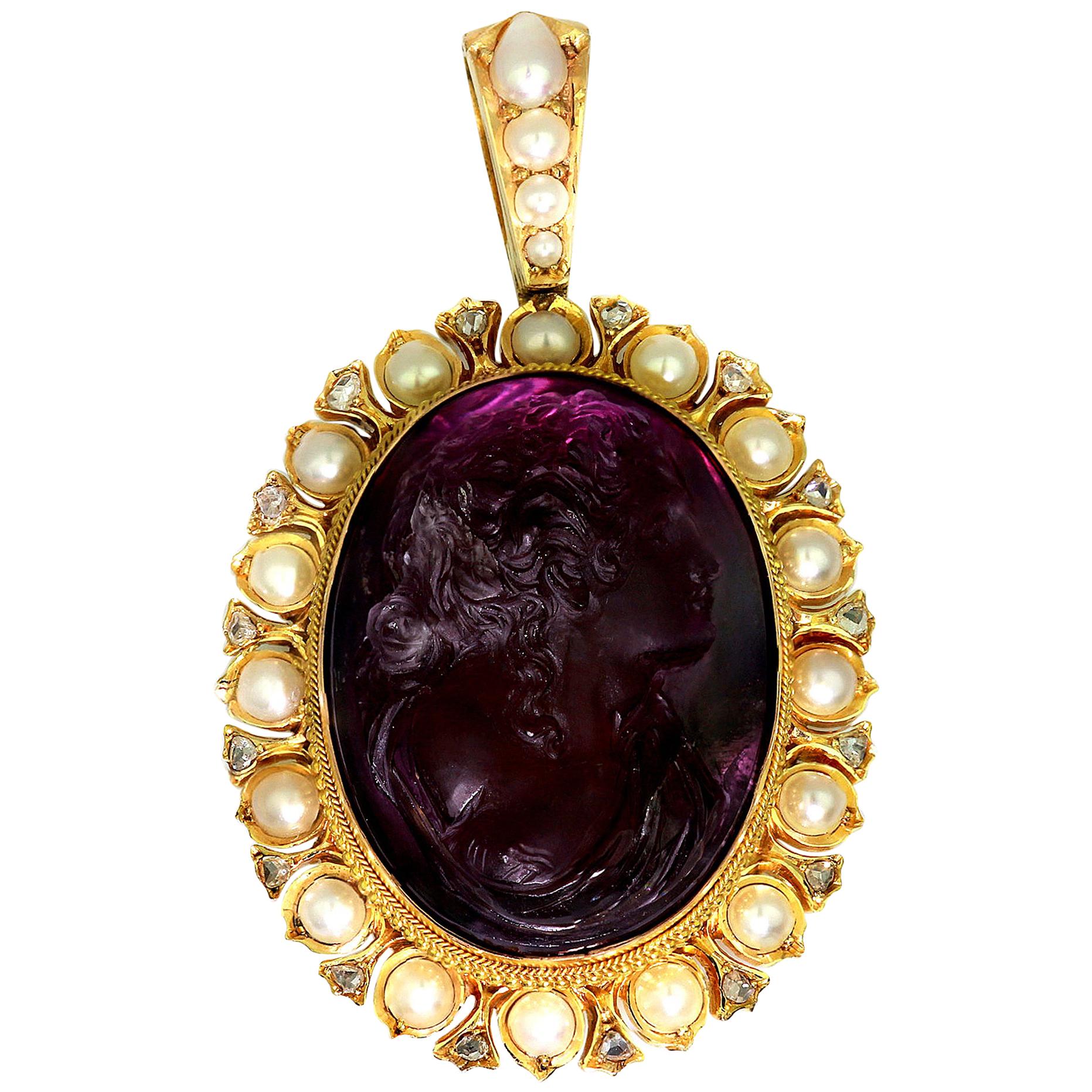 Antique, Victorian, Amethyst Cameo Pendant with Natural Pearl and Diamonds