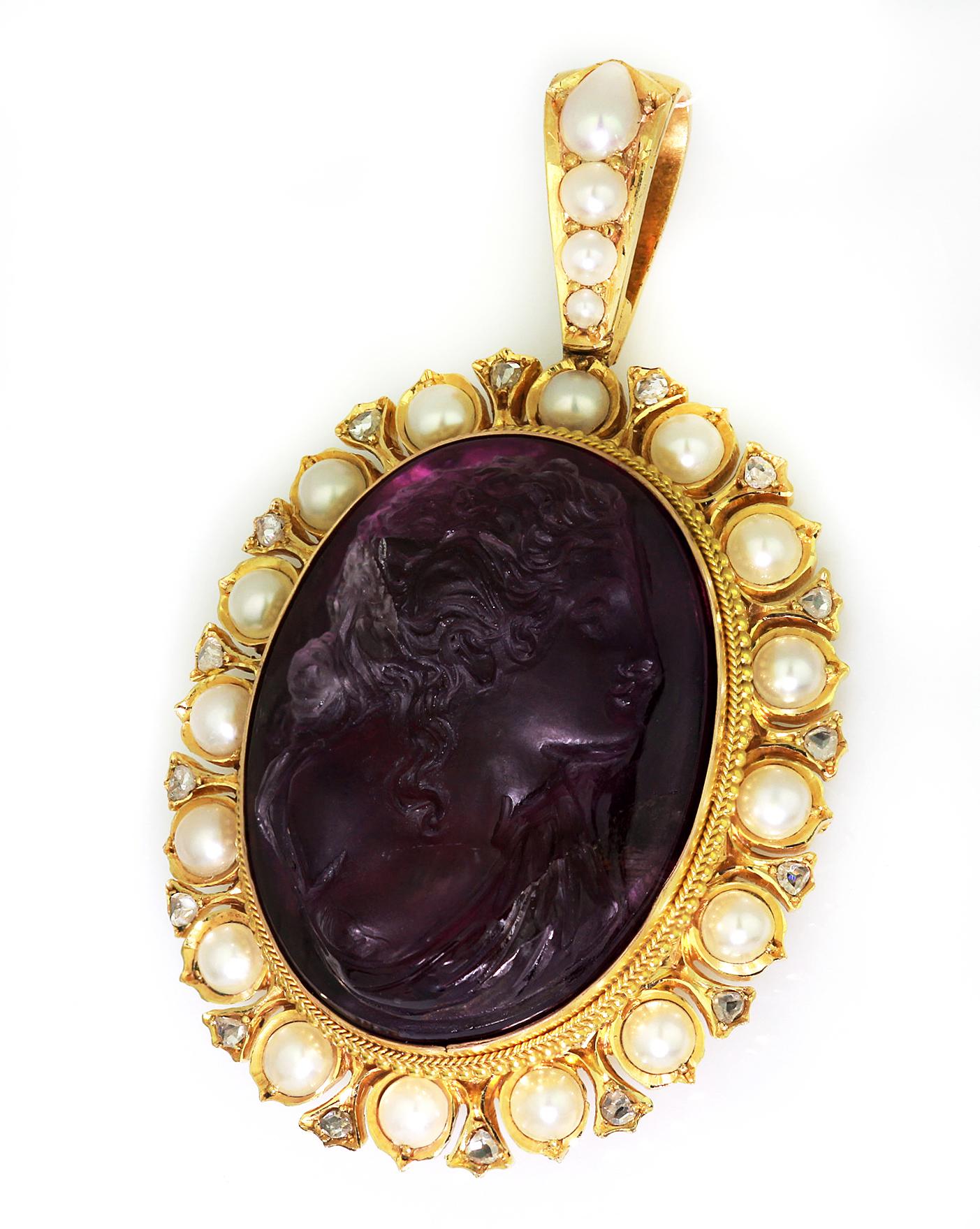 Antique, Victorian, Amethyst Cameo Pendant with Natural Pearl and Diamonds In Good Condition In London, GB