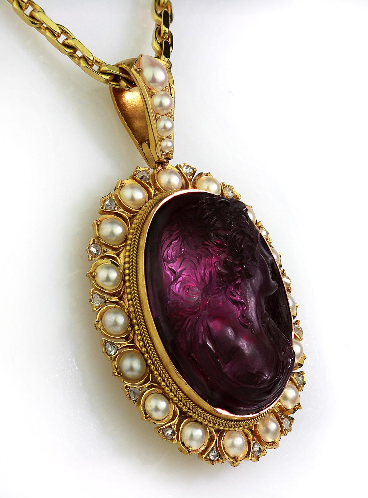 Women's Antique, Victorian, Amethyst Cameo Pendant with Natural Pearl and Diamonds