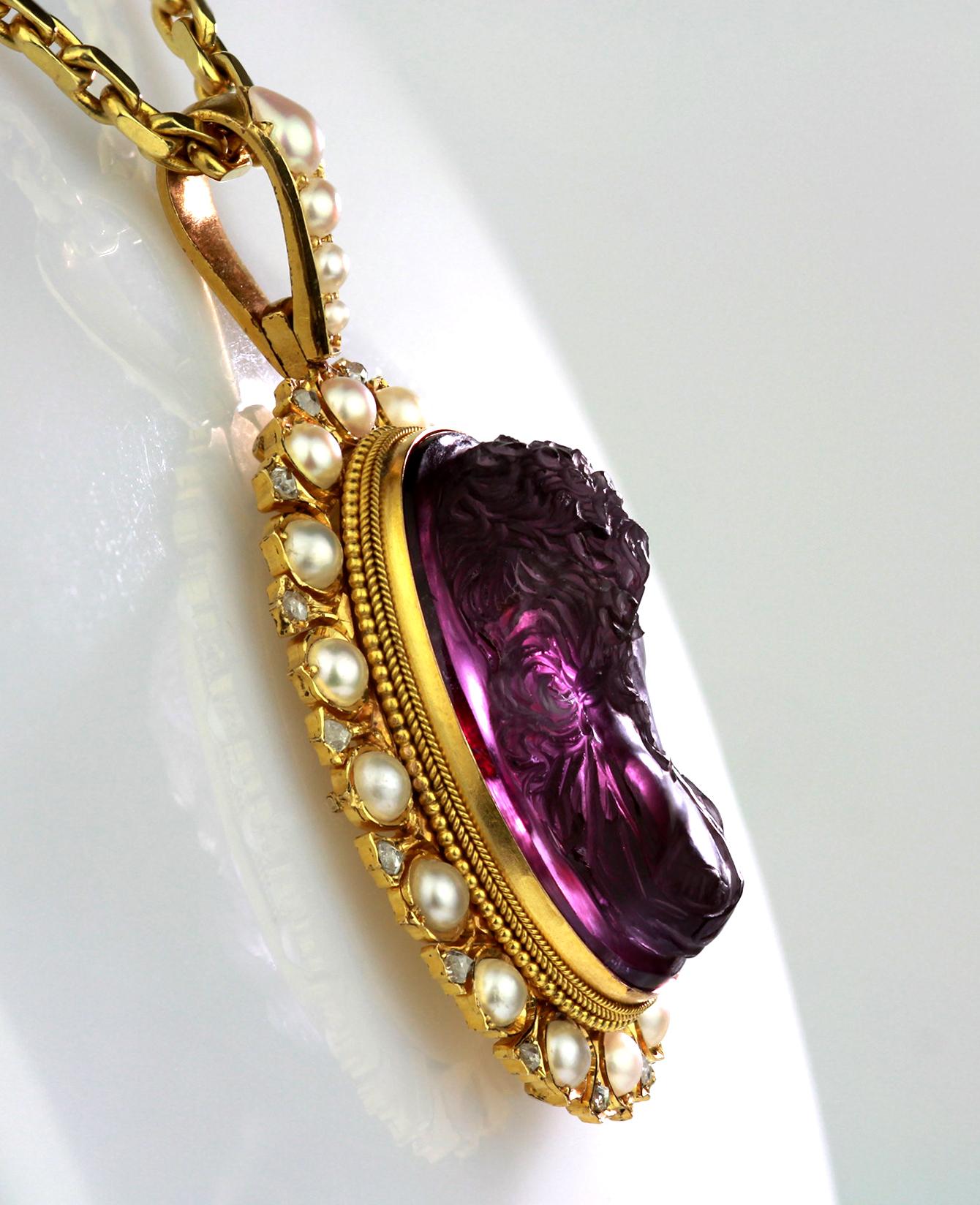 Antique, Victorian, Amethyst Cameo Pendant with Natural Pearl and Diamonds 1