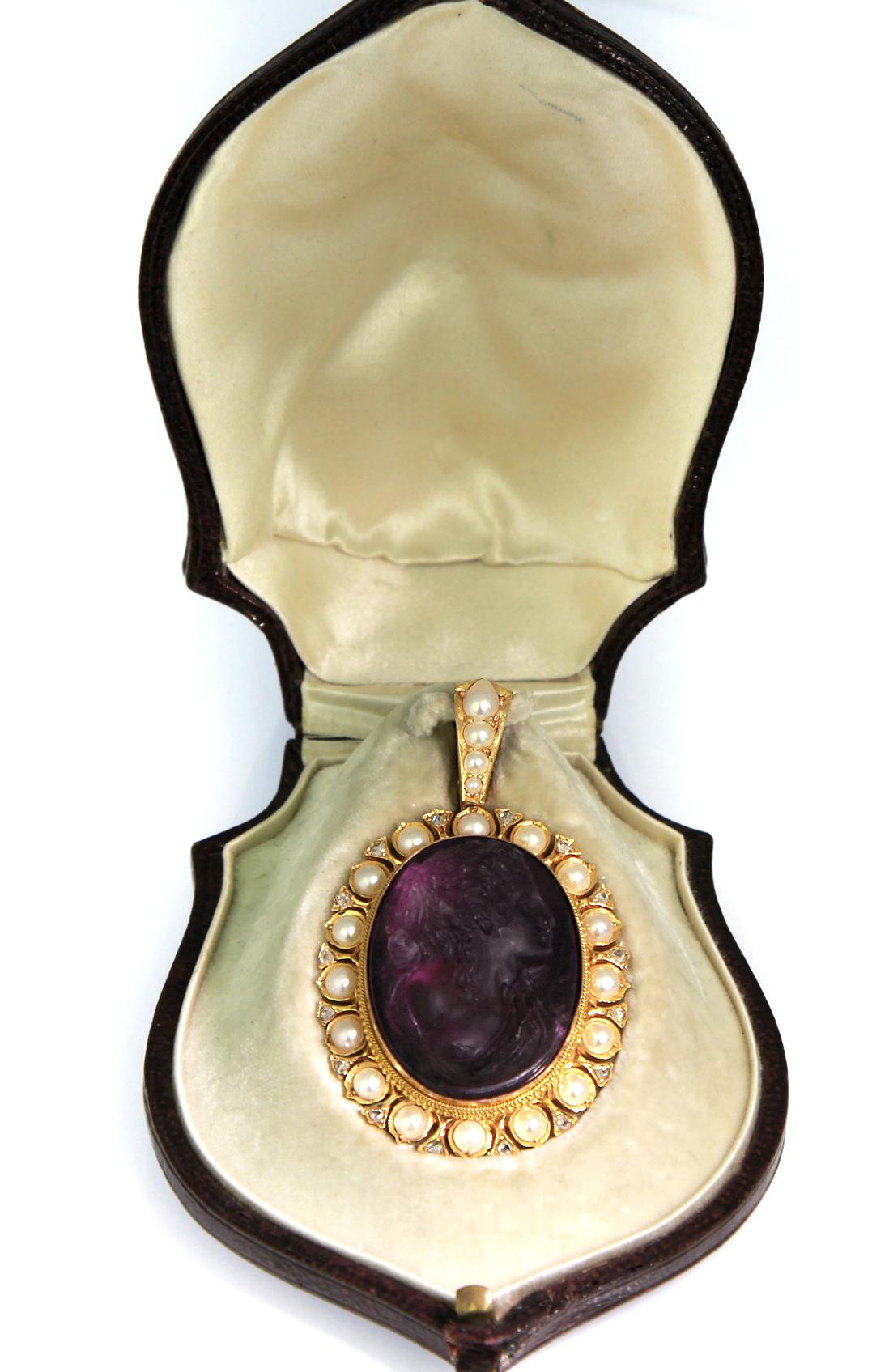 Antique, Victorian, Amethyst Cameo Pendant with Natural Pearl and Diamonds 3