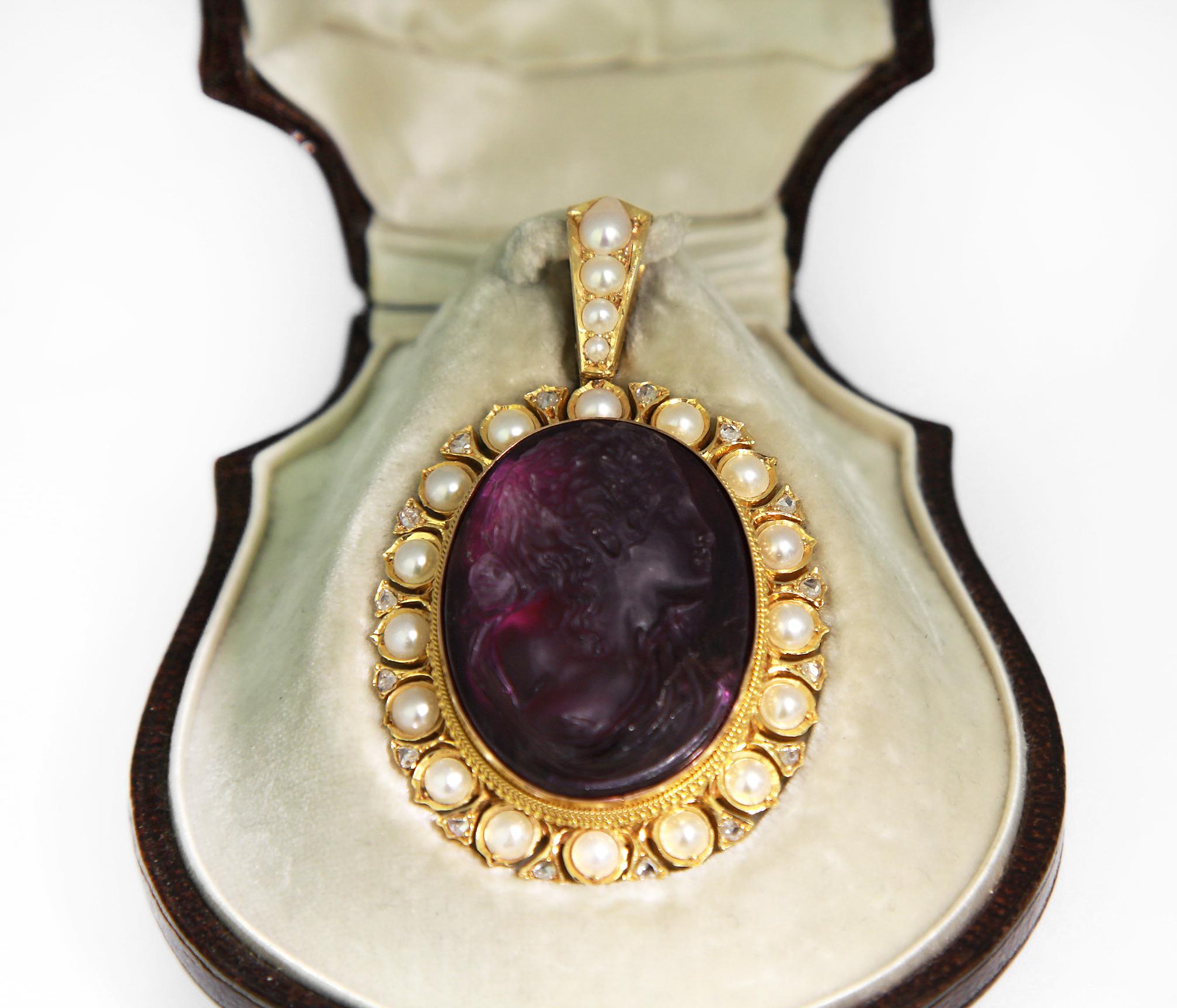 Antique, Victorian, Amethyst Cameo Pendant with Natural Pearl and Diamonds 4