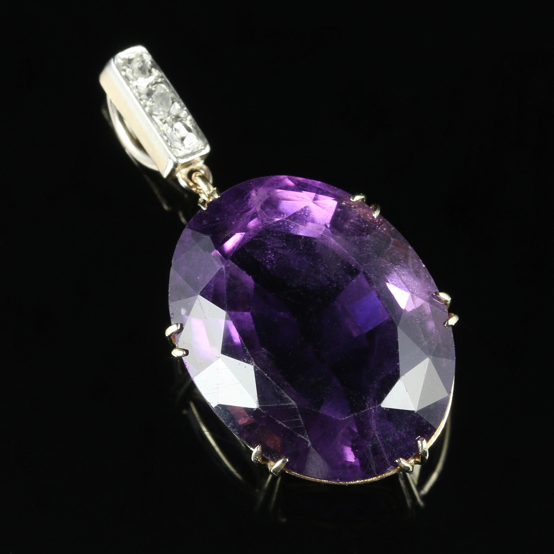 For more details please click continue reading down below...

This beautiful antique Victorian large Amethyst and trilogy Diamond pendant is Circa 1900.

Set in a 9ct Gold gallery with stunning workmanship.

The lovely large Amethyst is over 20cts