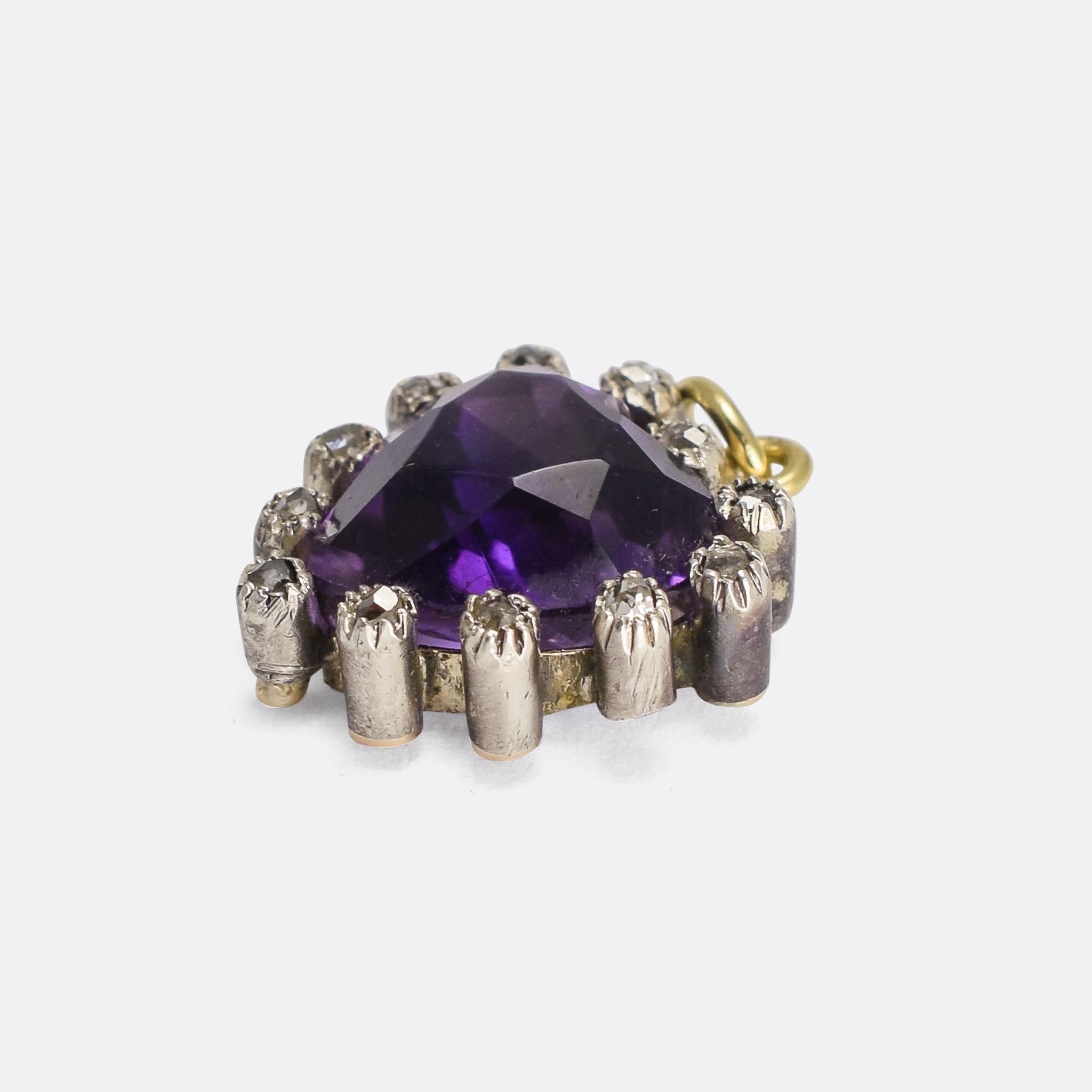 The prettiest of antique heart pendants, set with a beautiful Siberian amethyst surrounded by rose cut diamond points. Dating from the mid-Victorian era, circa 1870, it remains in excellent condition.

STONES 
Natural Siberian Amethyst
Rose Cut