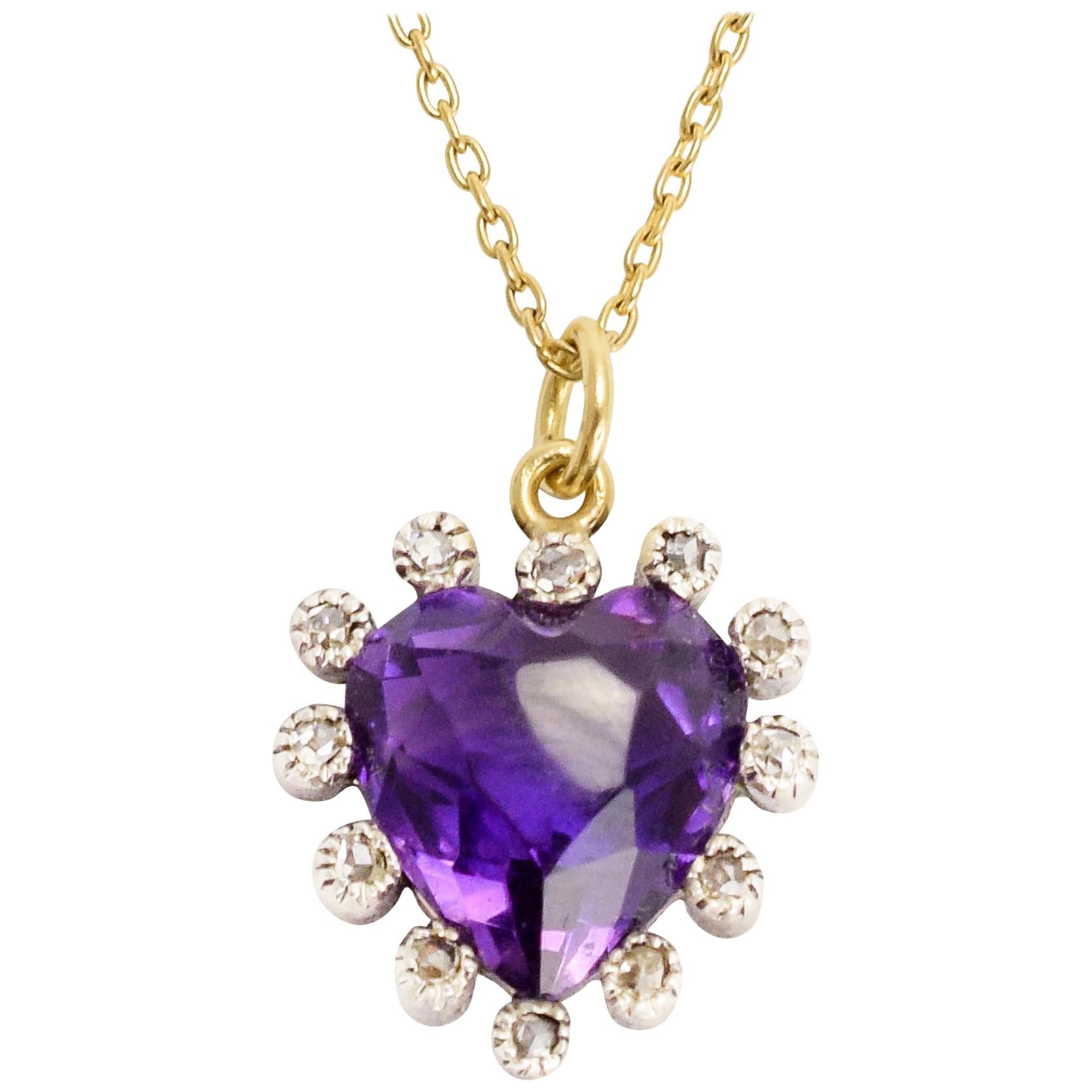 Antique Victorian Amethyst Diamond Purple Heart Pendant Necklace