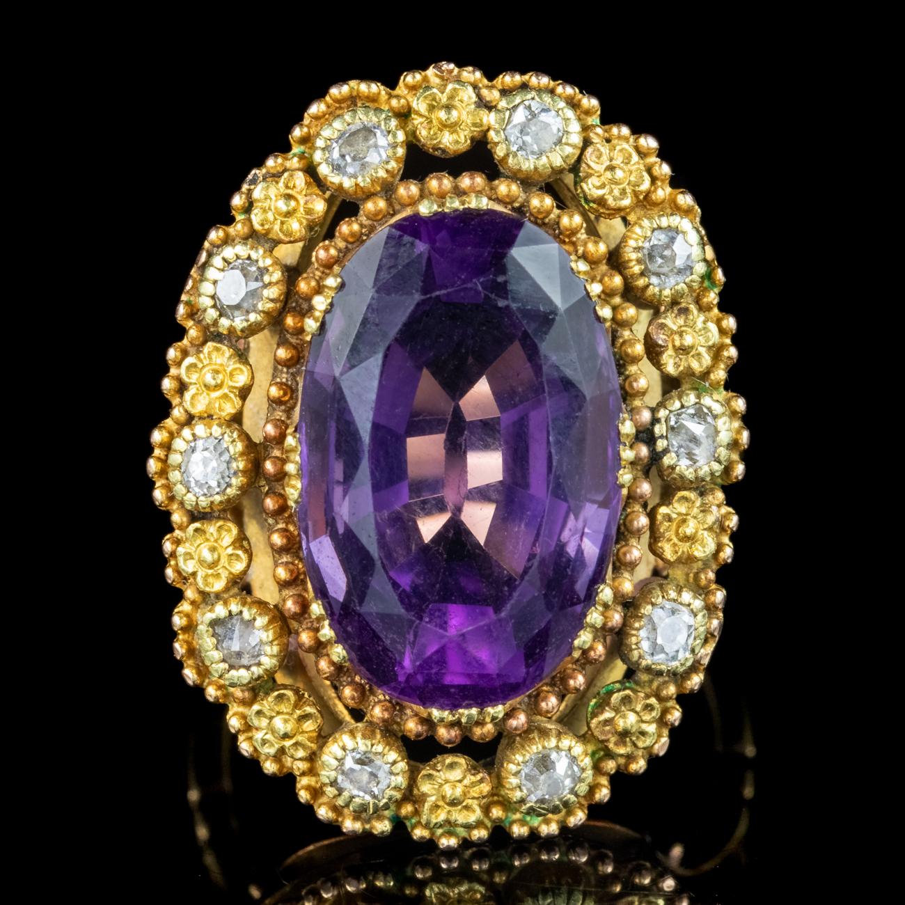 Oval Cut Antique Victorian Amethyst Diamond Ring 7.2ct Amethyst For Sale