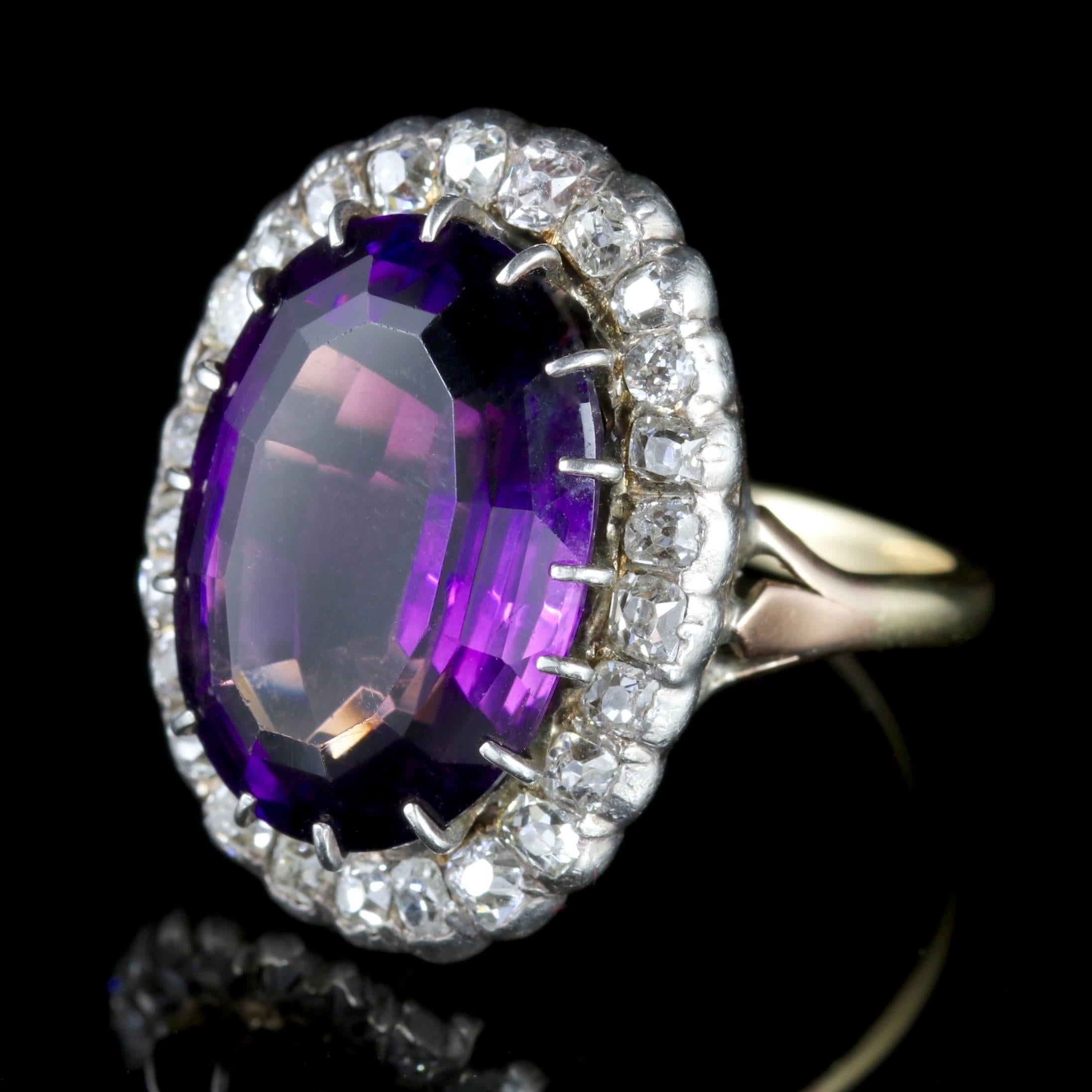 This stunning antique Amethyst and Diamond ring is Victorian Circa 1900. 

The large natural Amethyst is 16ct in size surrounded by 1.25ct of beautiful Old Cut Diamonds.

Amethyst has been highly esteemed throughout the ages for its stunning beauty