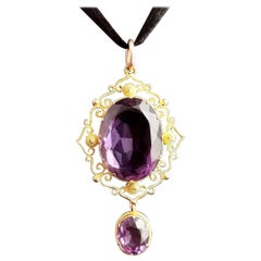 Antique Victorian Amethyst Drop Pendant, 18k Yellow Gold, Cannetille