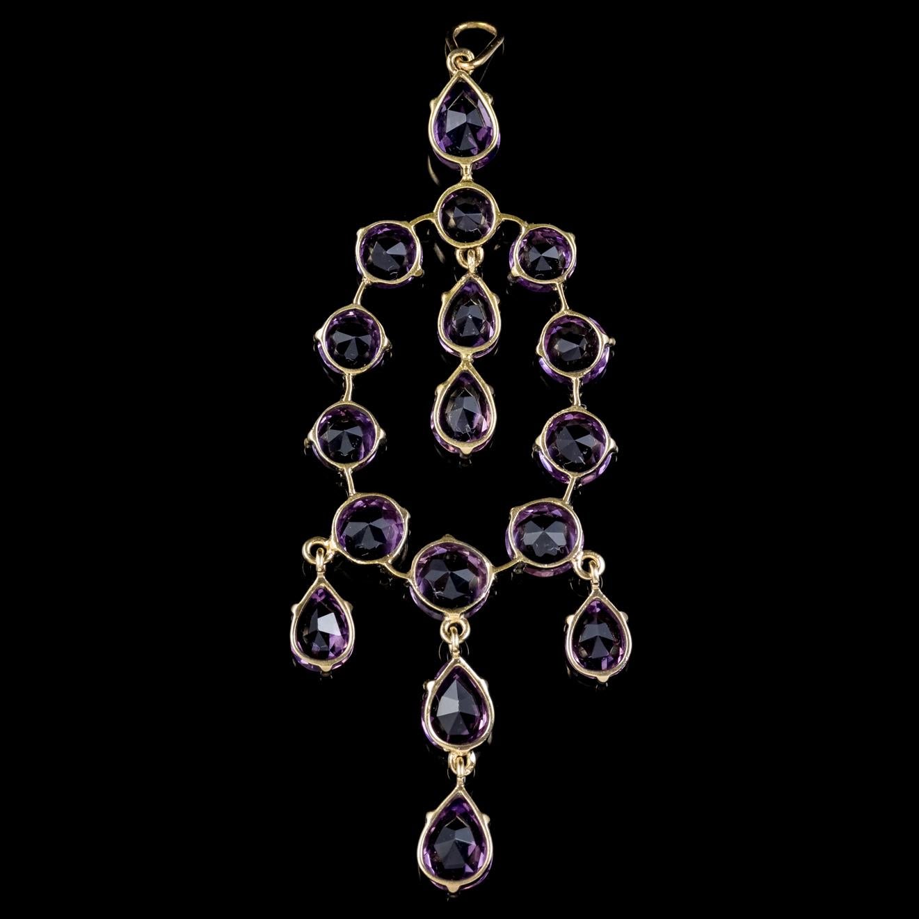 A fabulous antique Amethyst dropper pendant from the Victorian era, Circa 1900. 

The lovely piece is made up of seventeen royal purple Amethyst’s and features four Amethyst droppers dangling from the gallery. 

Amethyst has been highly esteemed