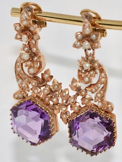 Antique Victorian Amethyst Earrings with Natural Pearls, 14 Karat Rose Gold