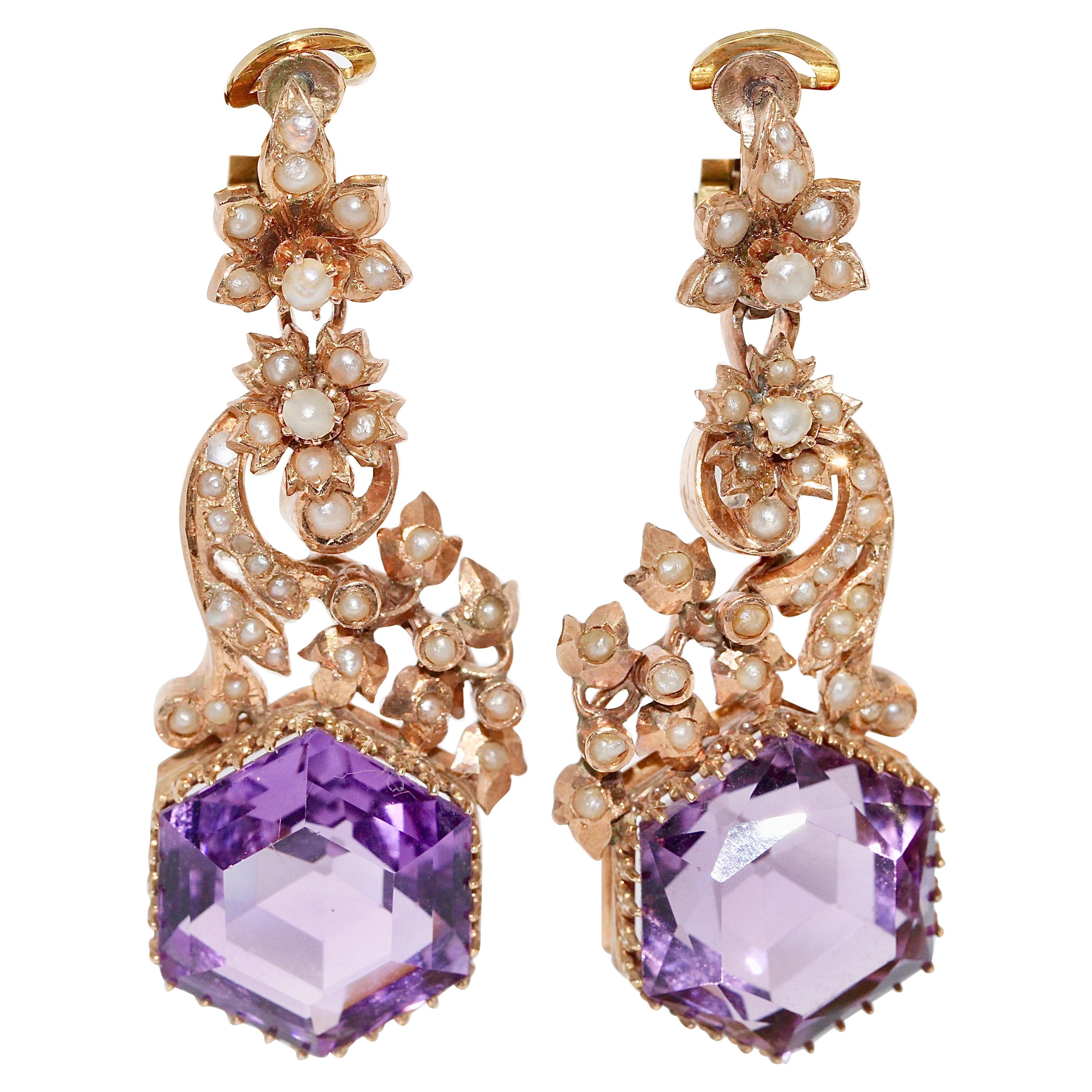 Boucles d'oreilles victoriennes anciennes en or rose 14 carats, améthyste et perles naturelles