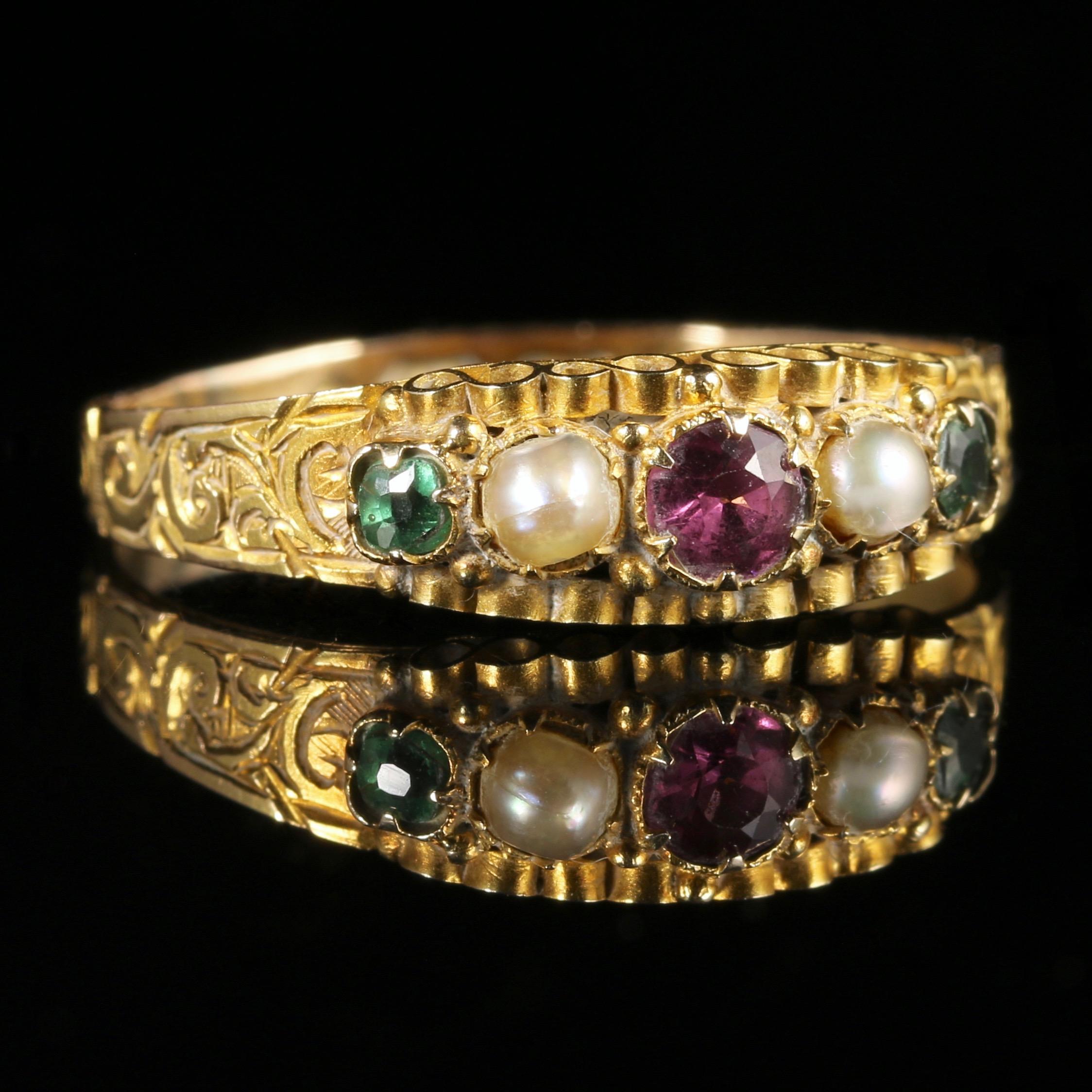 Women's Antique Victorian Amethyst Emerald Pearl Ring Dated 1867 12 Carat Gold