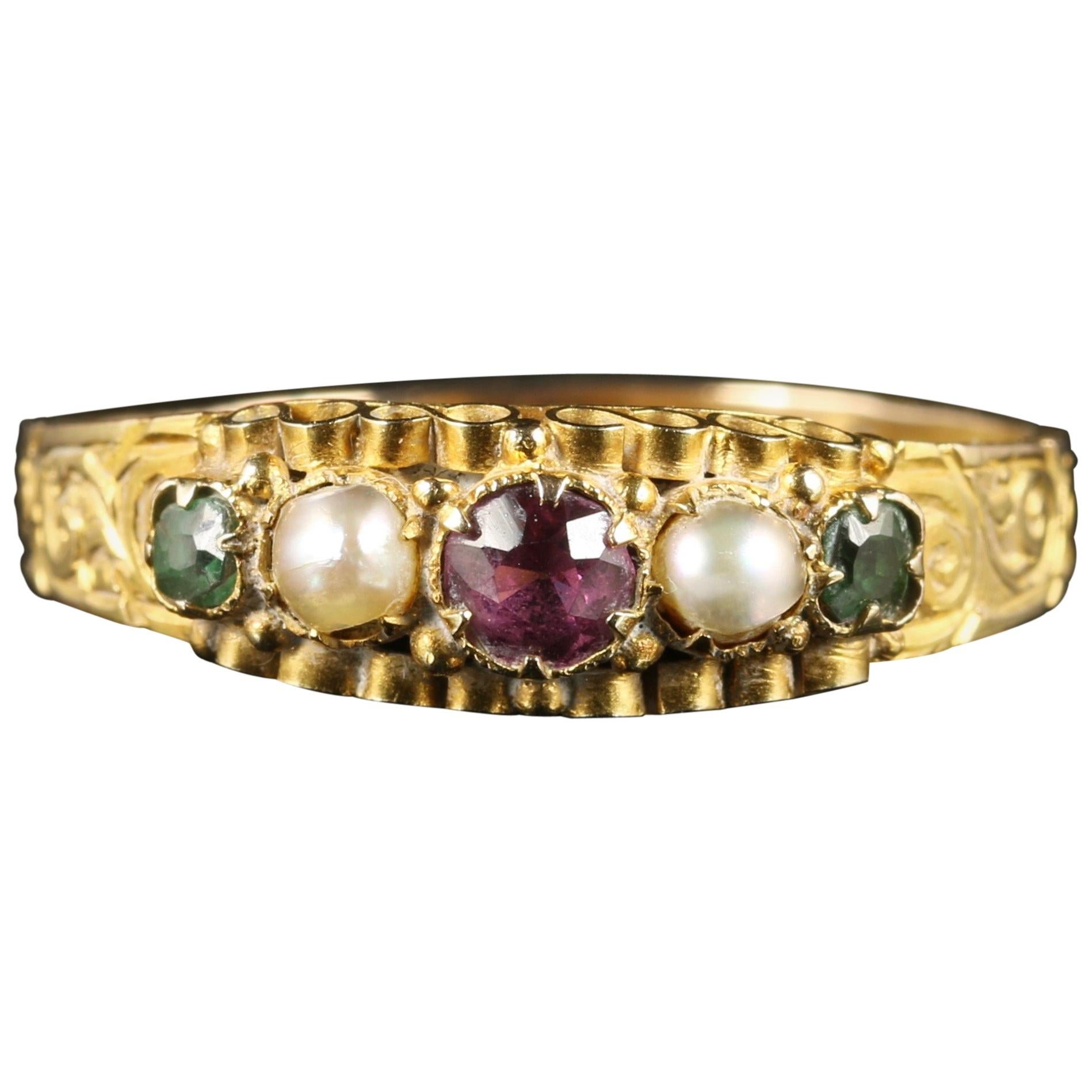 Antique Victorian Amethyst Emerald Pearl Ring Dated 1867 12 Carat Gold