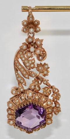 Colgante Victoriano Antiguo con Amatista y Perlas naturales, Oro Rosa
