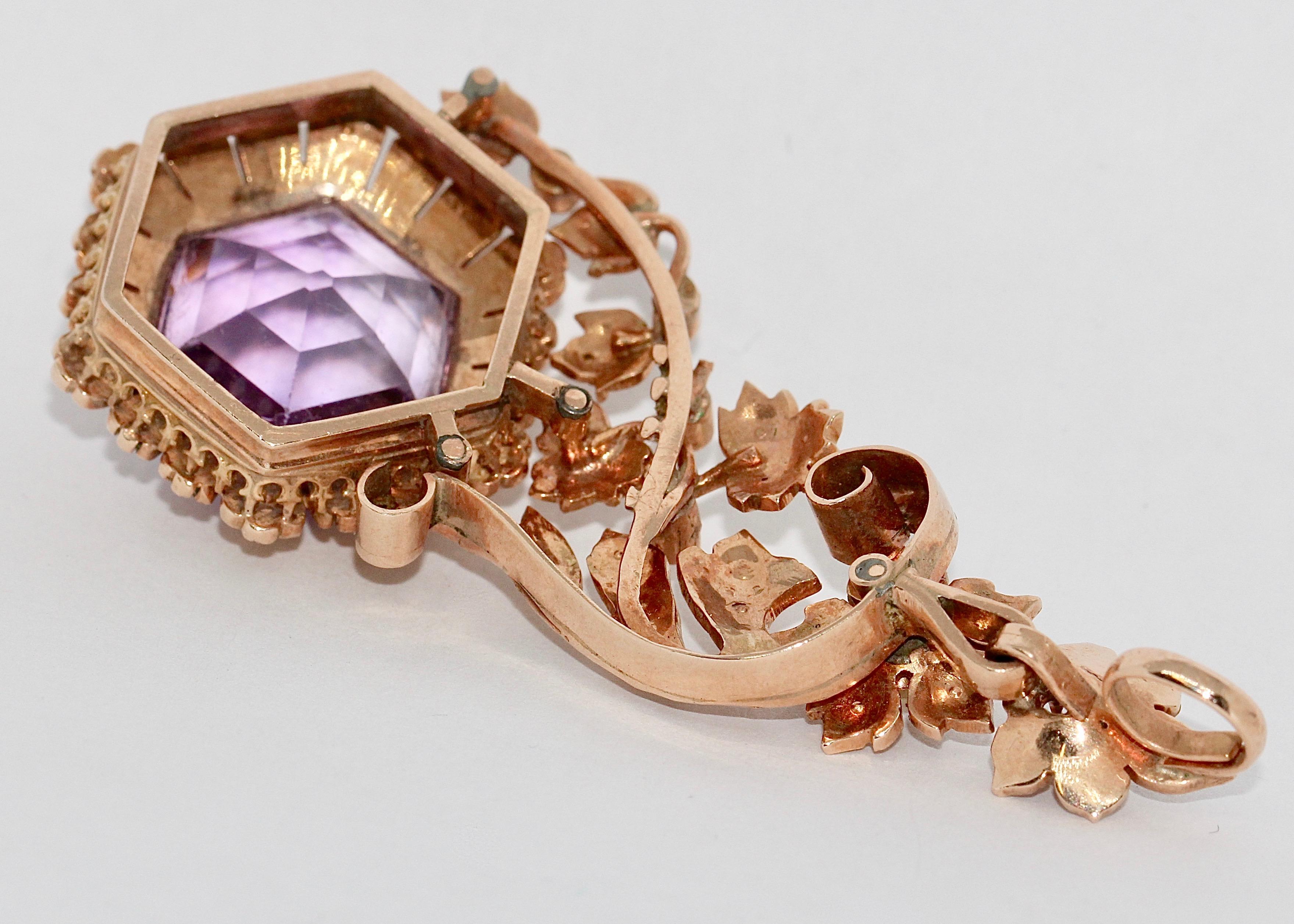 Rehausseur d'améthyste de style victorien ancien, pendentif avec perles naturelles et or rose Pour femmes en vente