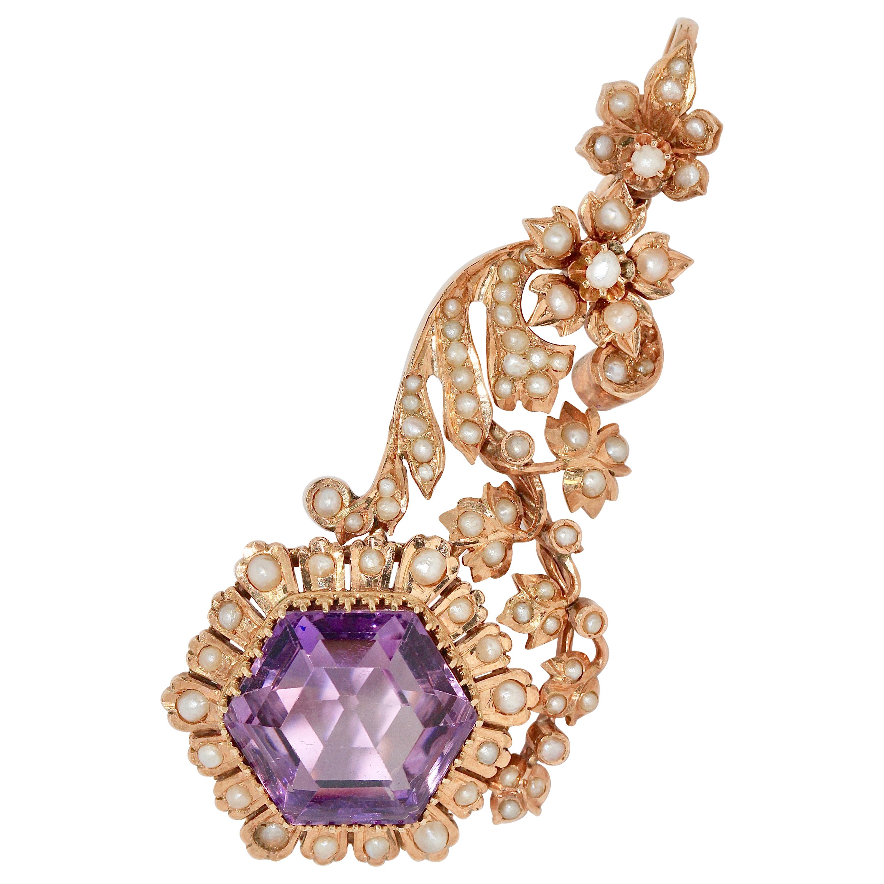 Rehausseur d'améthyste de style victorien ancien, pendentif avec perles naturelles et or rose en vente