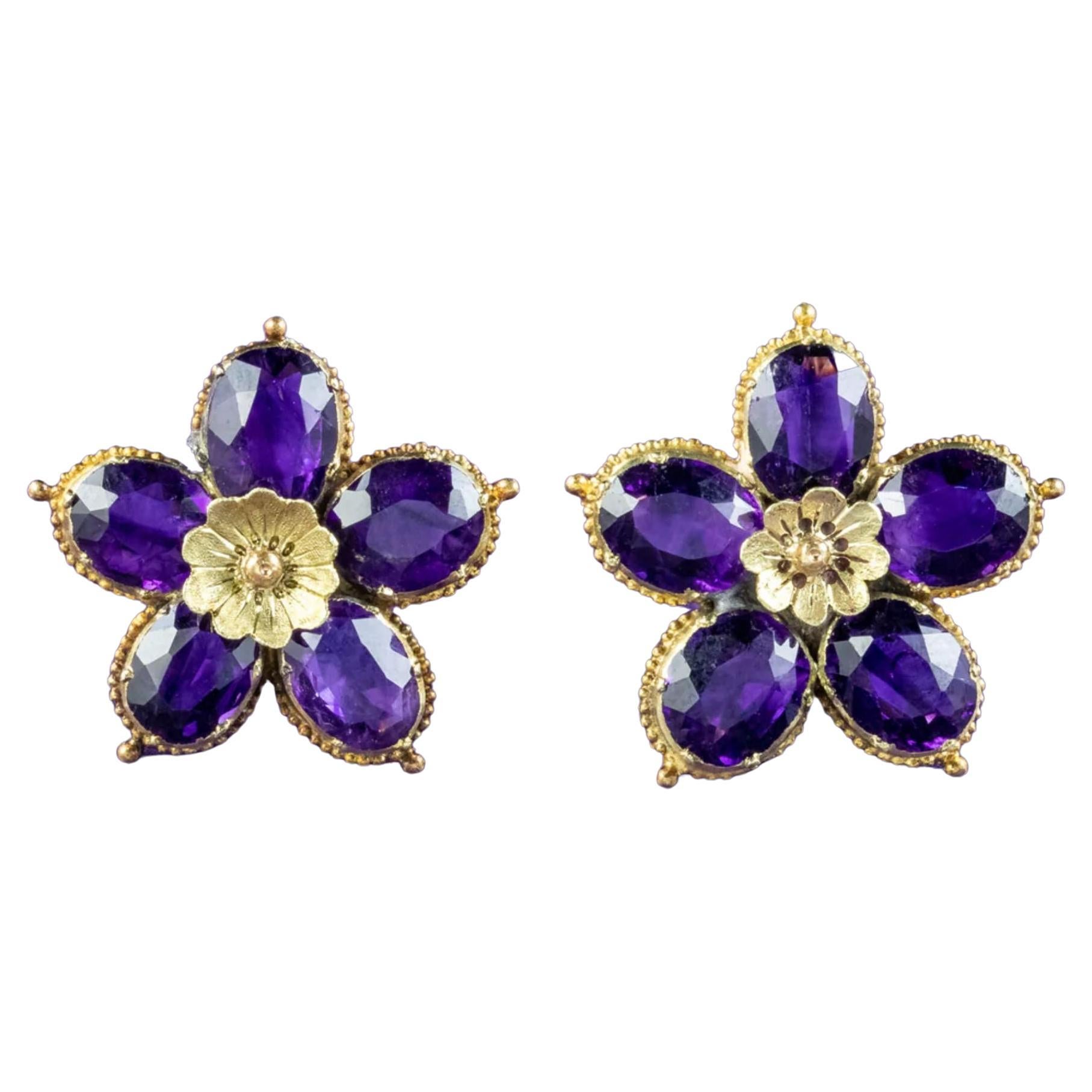 Antique Victorian Amethyst Flower Stud Earrings in 15 Carat Gold, circa