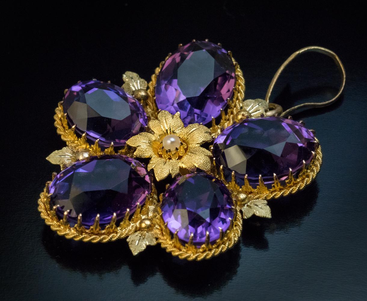 Oval Cut Antique Victorian Amethyst Gold Pansy Pendant