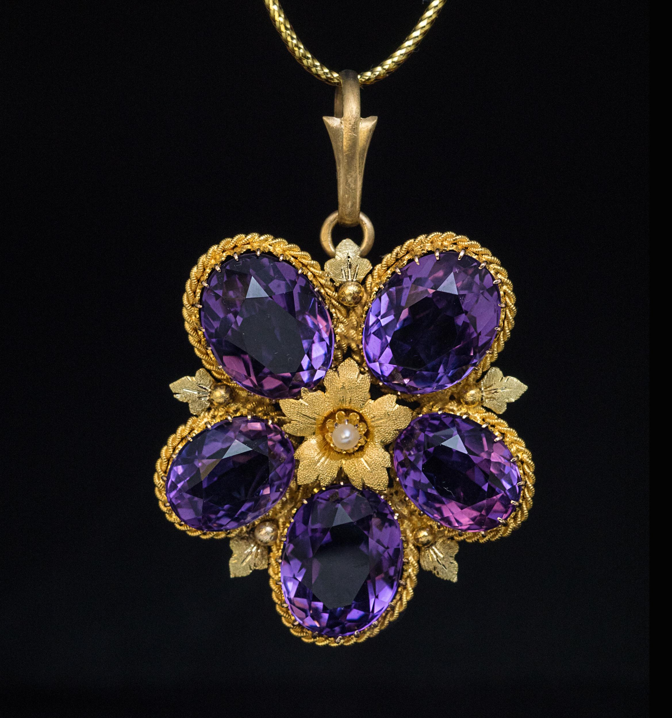 Antique Victorian Amethyst Gold Pansy Pendant 1