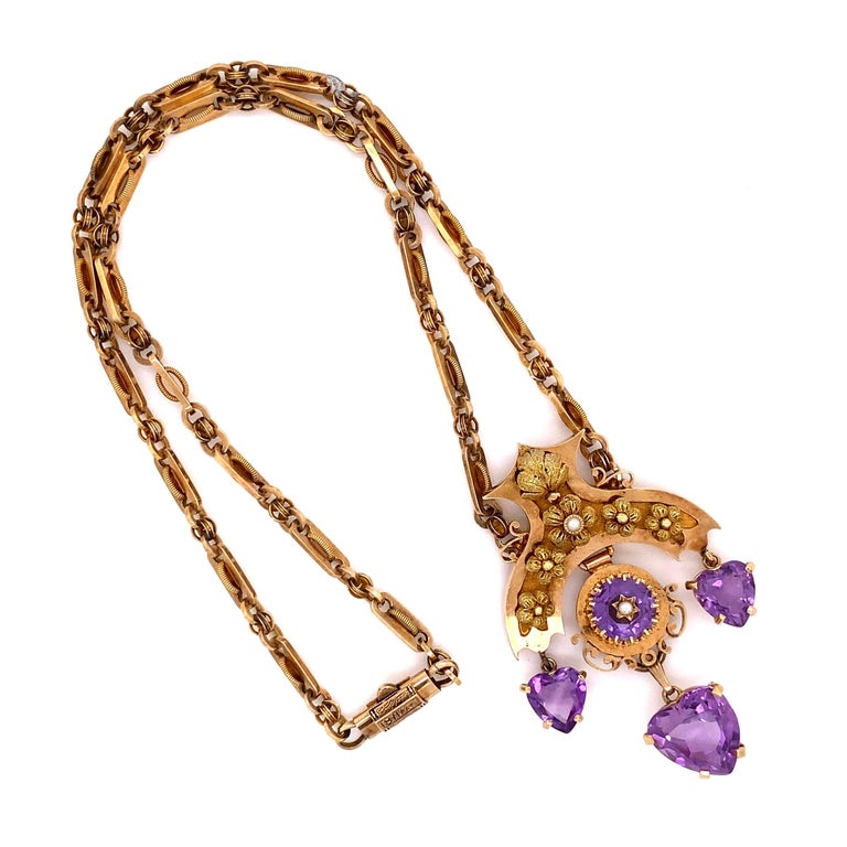 Antique Victorian Amethyst Heart Pearl Gold Vintage Necklace Estate