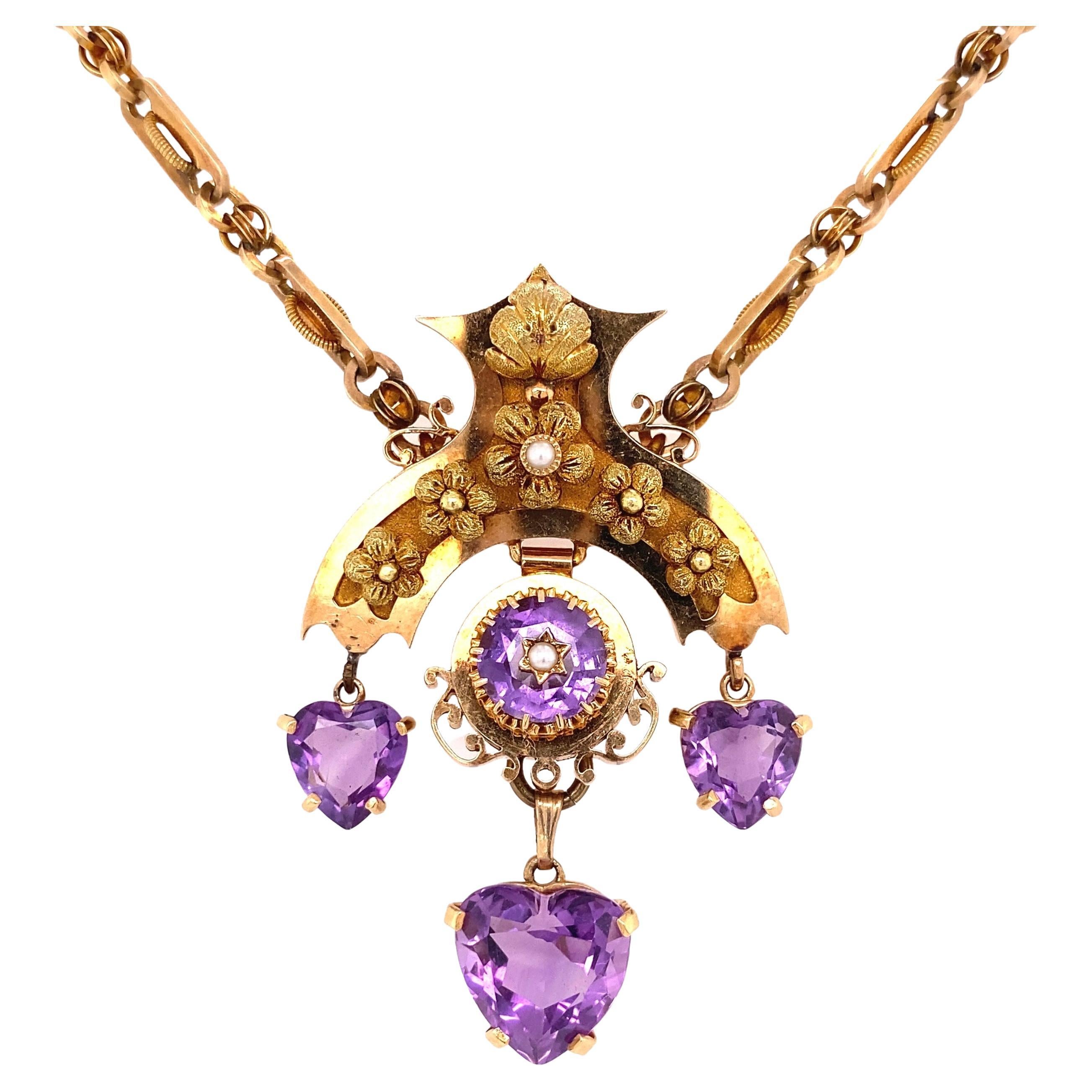 Antique Victorian Amethyst Heart Pearl Gold Vintage Necklace Estate Fine Jewelry For Sale