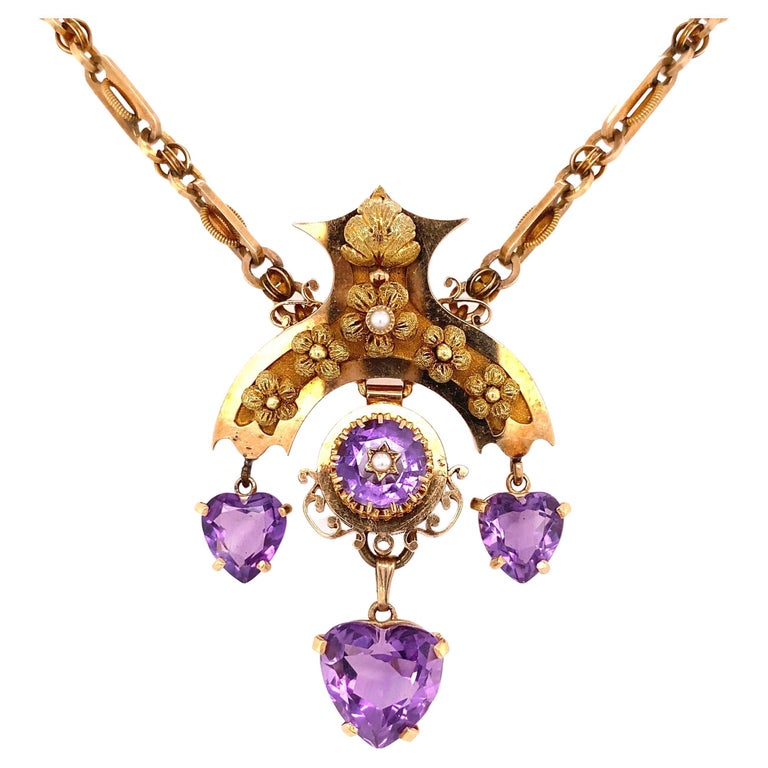 Antique Victorian Amethyst Heart Pearl Gold Vintage Necklace Estate