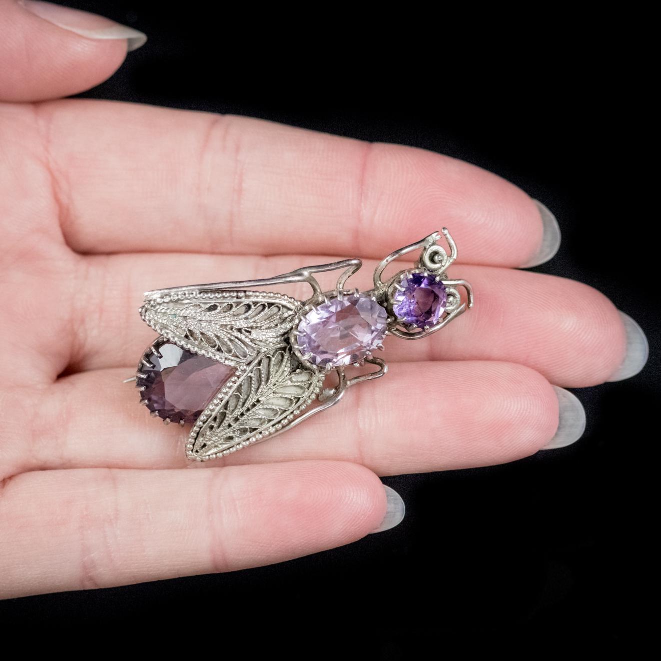 Antique Victorian Amethyst Insect Brooch Silver, circa 1900 For Sale 2