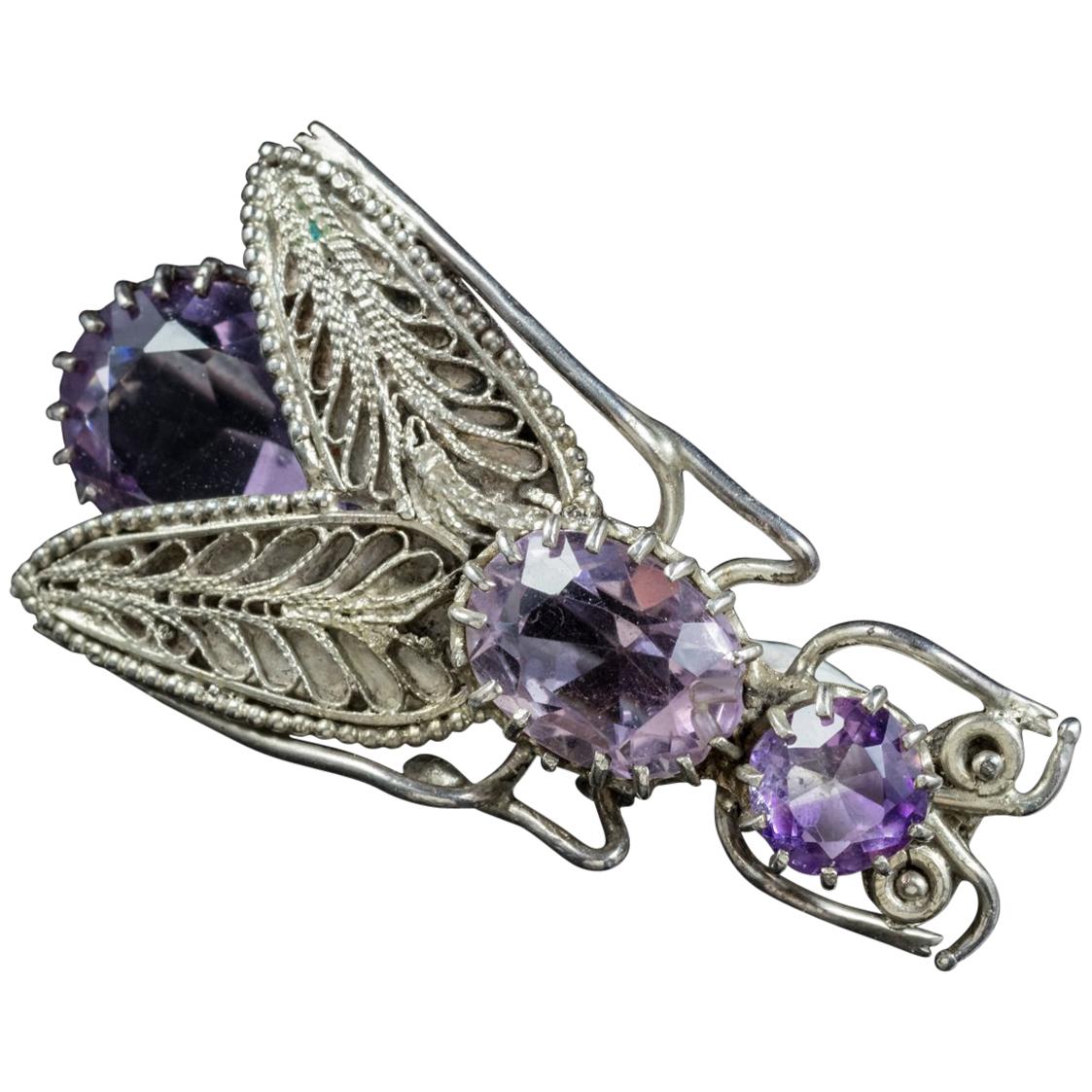 Antique Victorian Amethyst Insect Brooch Silver, circa 1900 For Sale