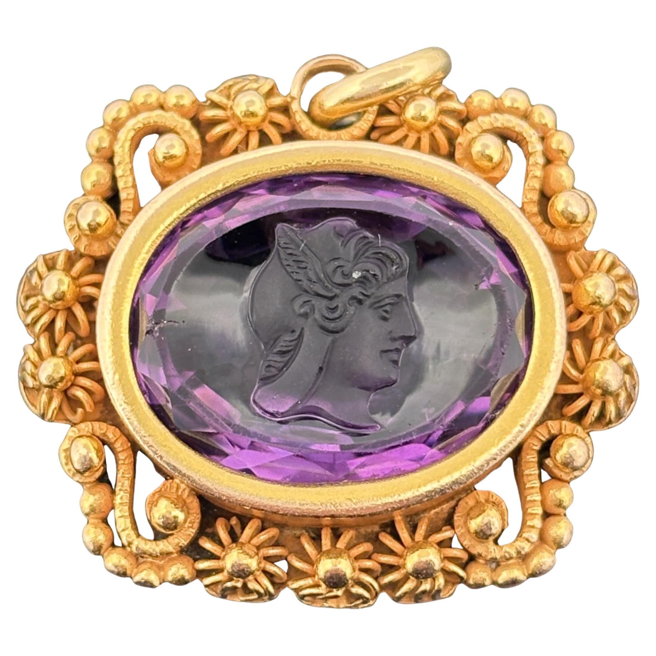 Pendentif Victorien Antique Améthyste Mercure Camée Or Jaune 14k