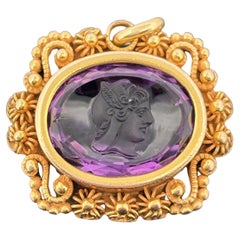 Pendentif Victorien Antique Améthyste Mercure Camée Or Jaune 14k