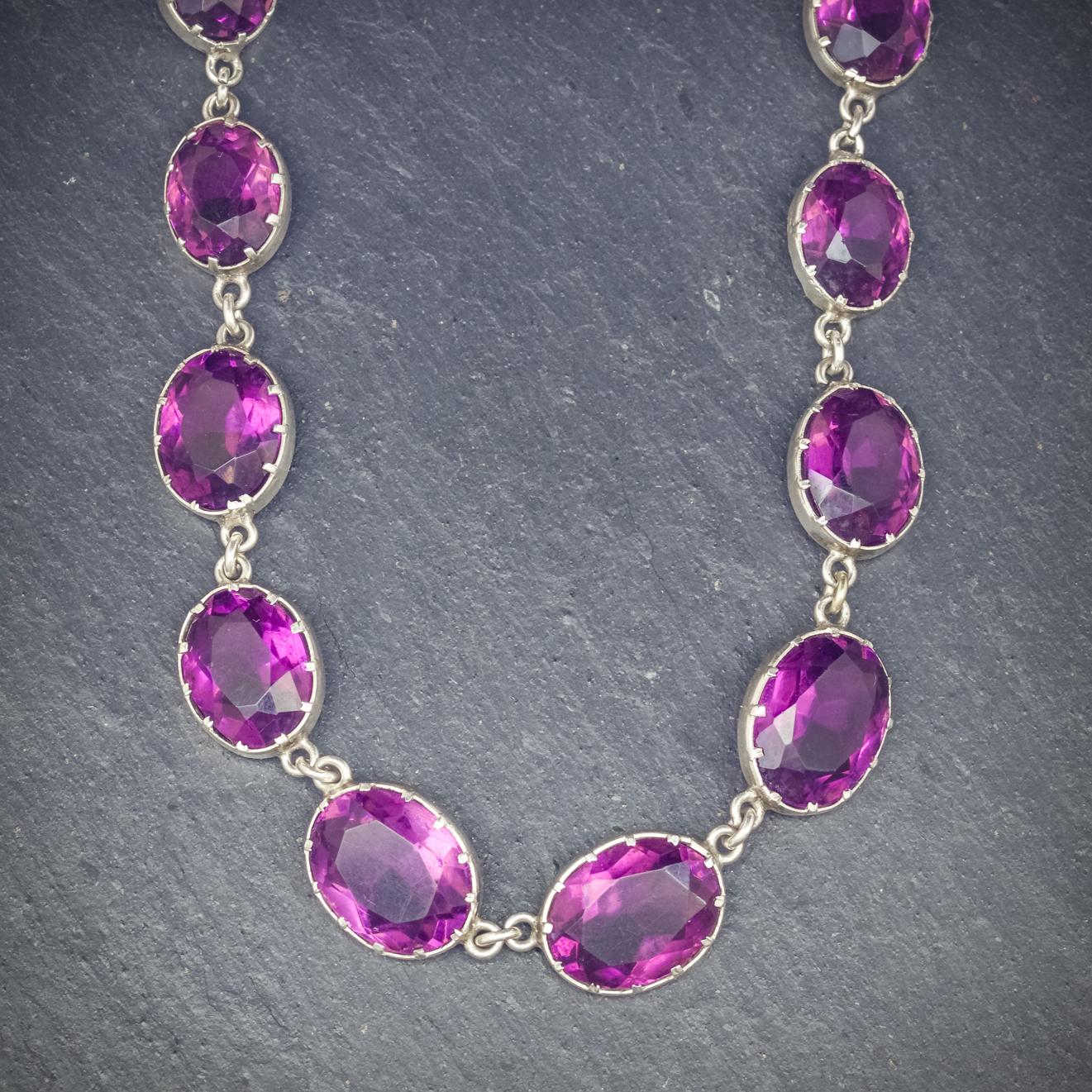 A beautiful antique Amethyst necklace from the Victorian era, Circa 1900

Adorned with approx. 60ct of Amethyst across the necklace, each stone has a vibrant purple hue with beautiful cut facets 

All set in Silver and fitted with a secure clasp