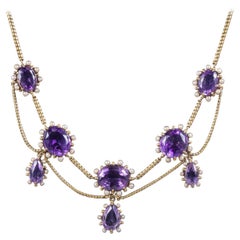 Antique Victorian Amethyst Pearl 18 Carat Gold, circa 1860 Garland Necklace