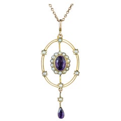 Antique Victorian Amethyst Pearl 9 Carat Gold circa 1880 Pendant Necklace