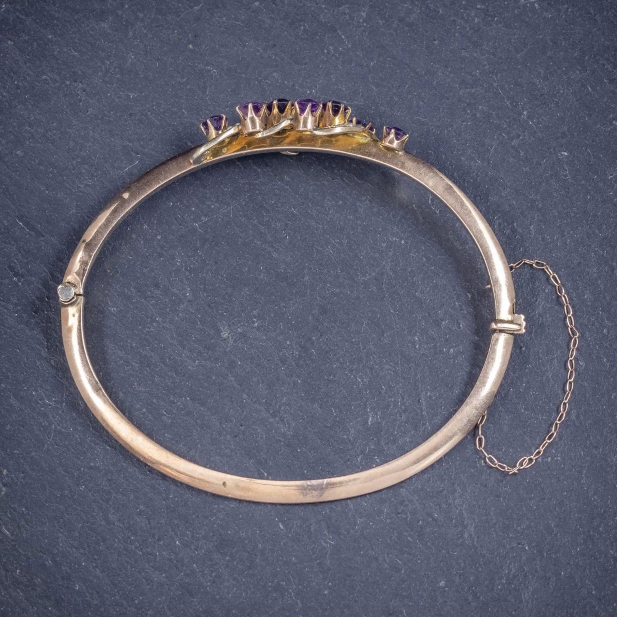 Antique Victorian Amethyst Pearl Bangle in 9 Carat Gold, circa 1900 In Good Condition For Sale In Kendal, GB