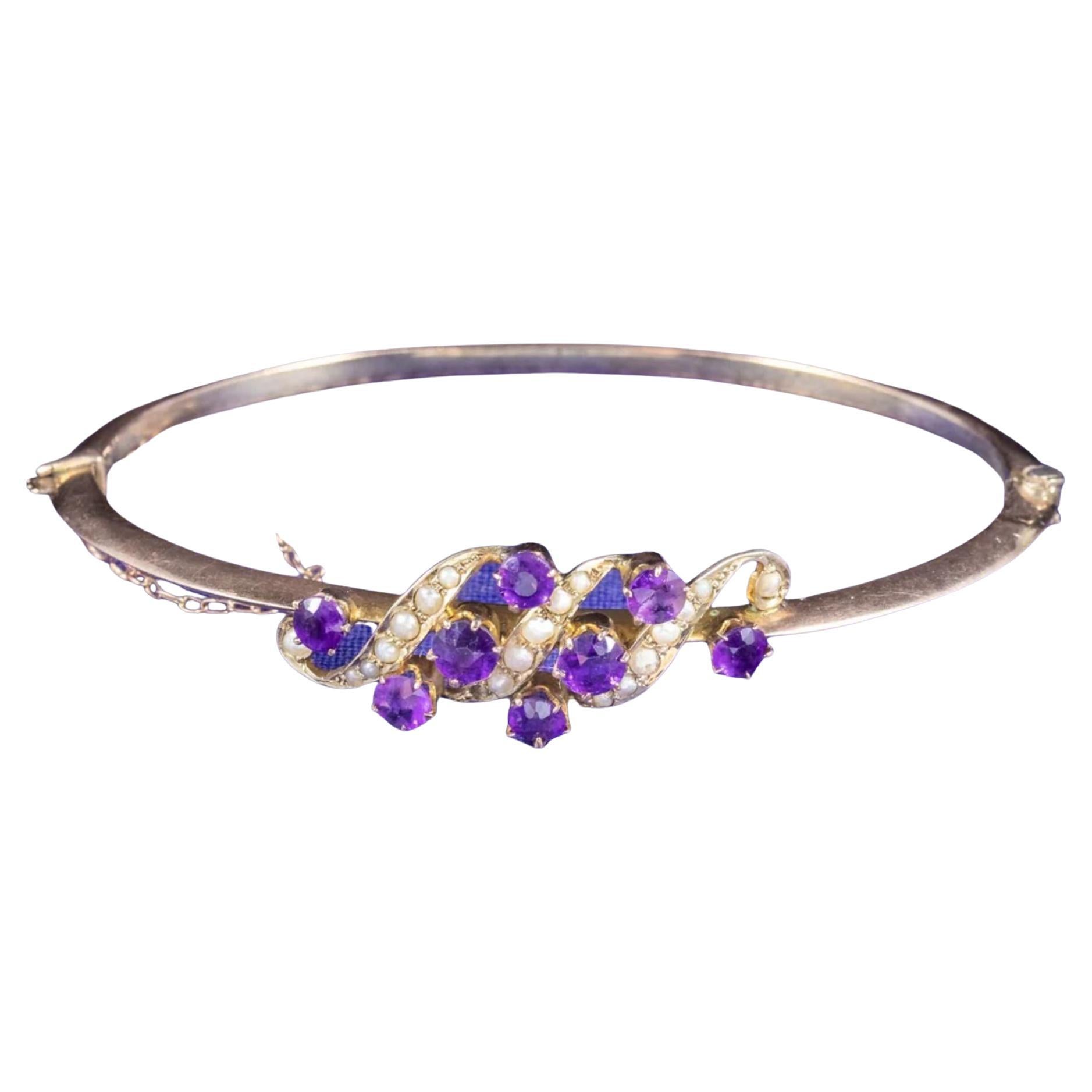 Antique Victorian Amethyst Pearl Bangle in 9 Carat Gold, circa 1900 For Sale