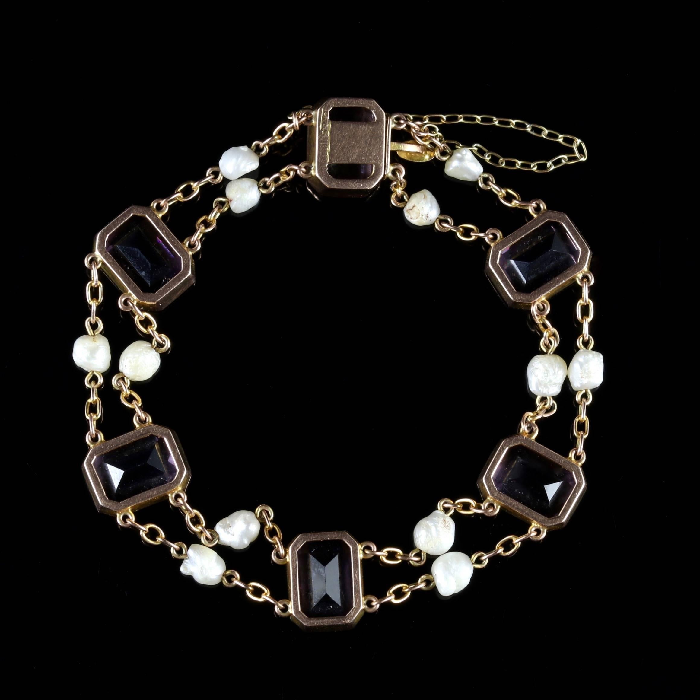 This beautiful Victorian 18ct Gold Amethyst and natural Pearl bracelet is Circa 1900.

Each link is adorned in wonderful Pearls that lead to the 4.0ct deep, purple Amethysts.

Amethyst has been highly esteemed throughout the ages for its stunning