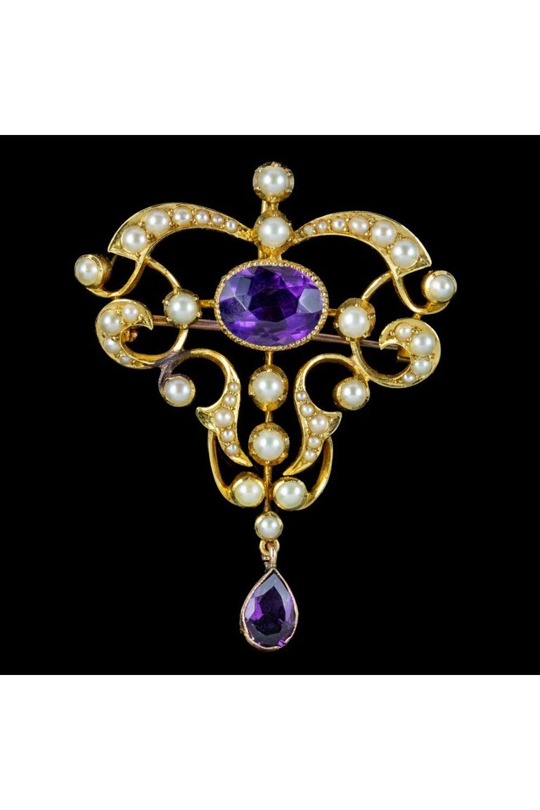 Broche Art Nouveau En Argent 800 Avec Améthyste - Signée Gustav Hauber - Occasion - Grand Format