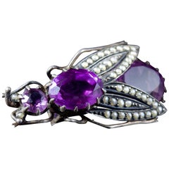 Antique Victorian Amethyst Pearl Bug Brooch 10 Carat Amethyst Silver, circa 1900