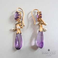 Antique Victorian Amethyst Pearl Enamel Gold Drop Earrings, France, 1860s-1870s